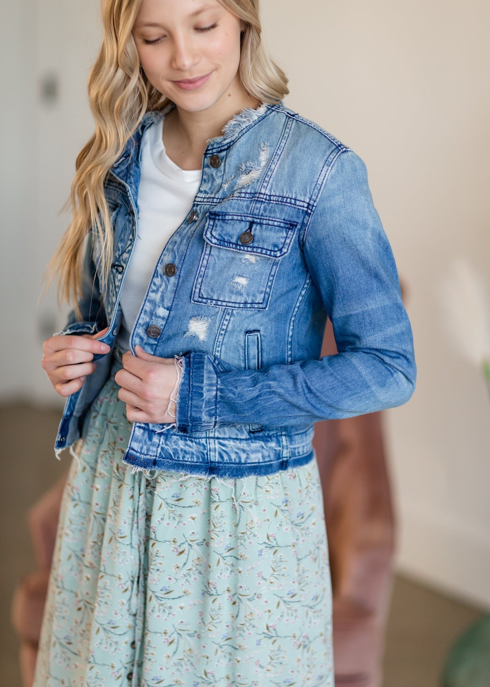 Collarless Denim Jean Jacket Shirt Hidden