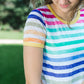 rainbow striped modest tee with white accents.