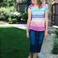 rainbow striped modest tee with white accents.
