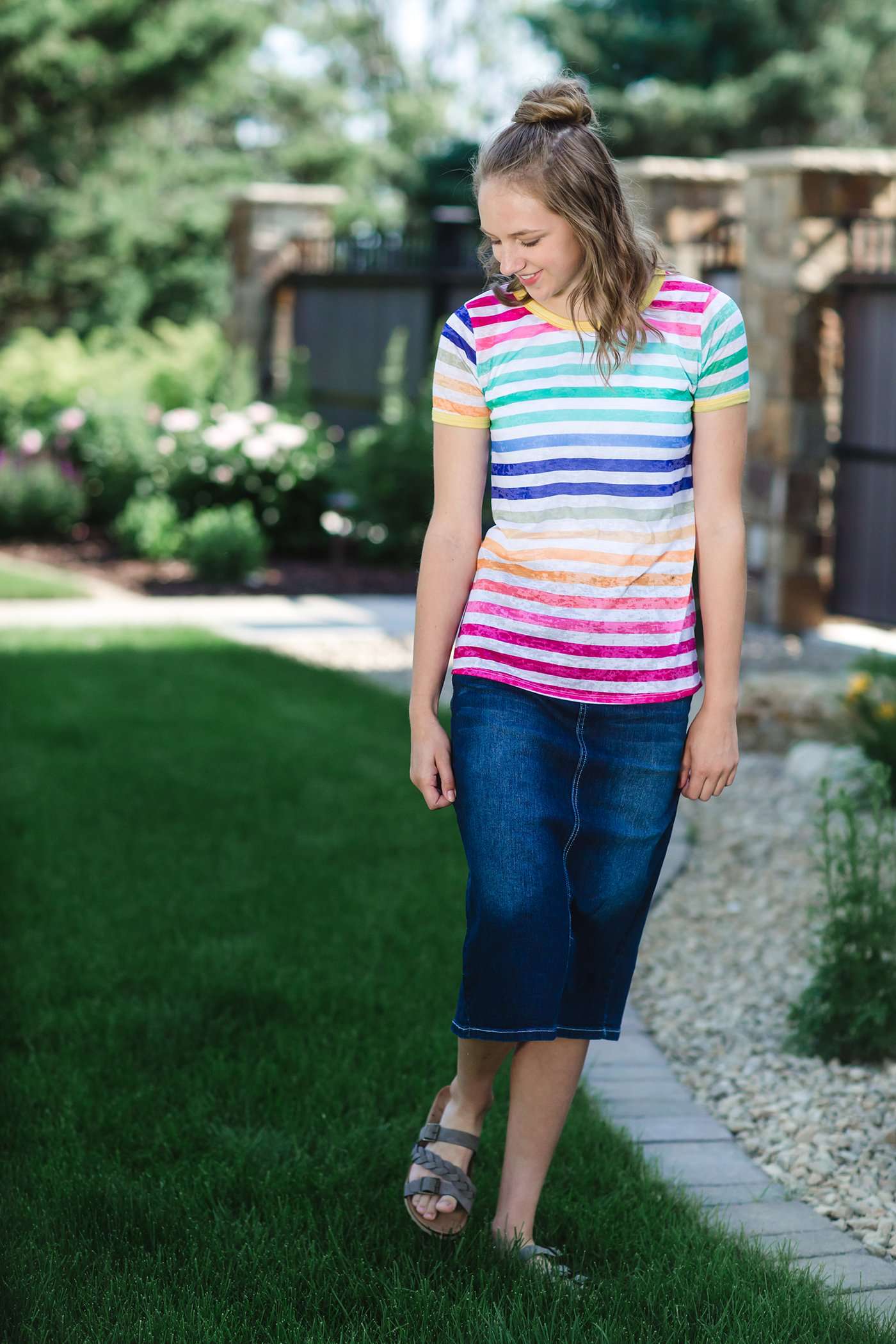 rainbow striped modest tee with white accents.