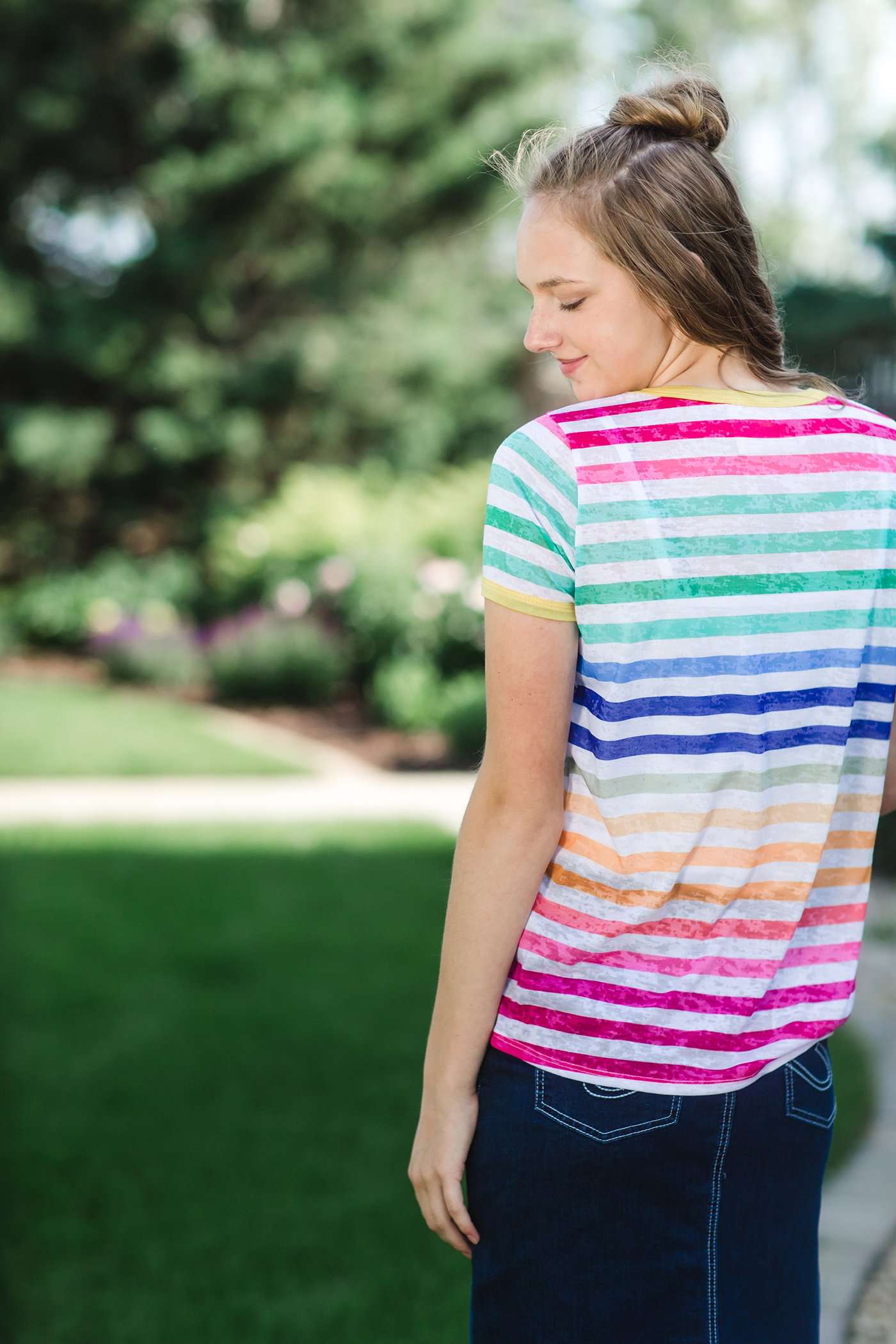 rainbow striped modest tee with white accents.