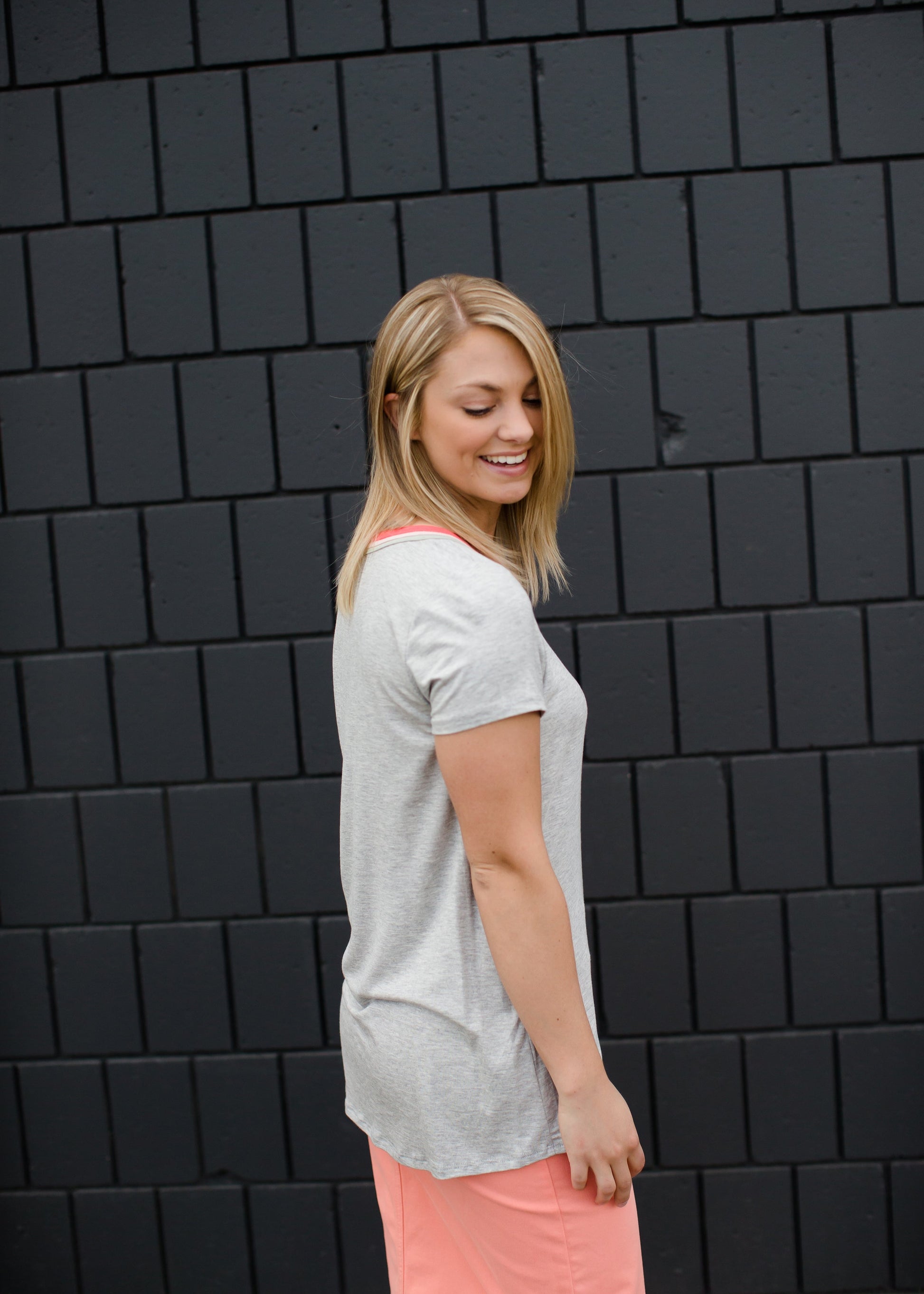 Modest Gray Tee with Coral, Sage, and Blush Neck Detail