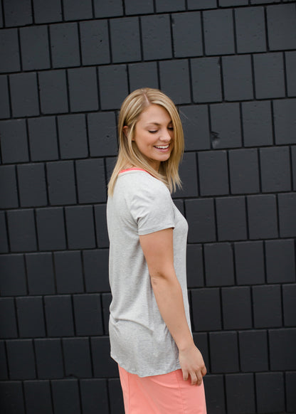 Modest Gray Tee with Coral, Sage, and Blush Neck Detail