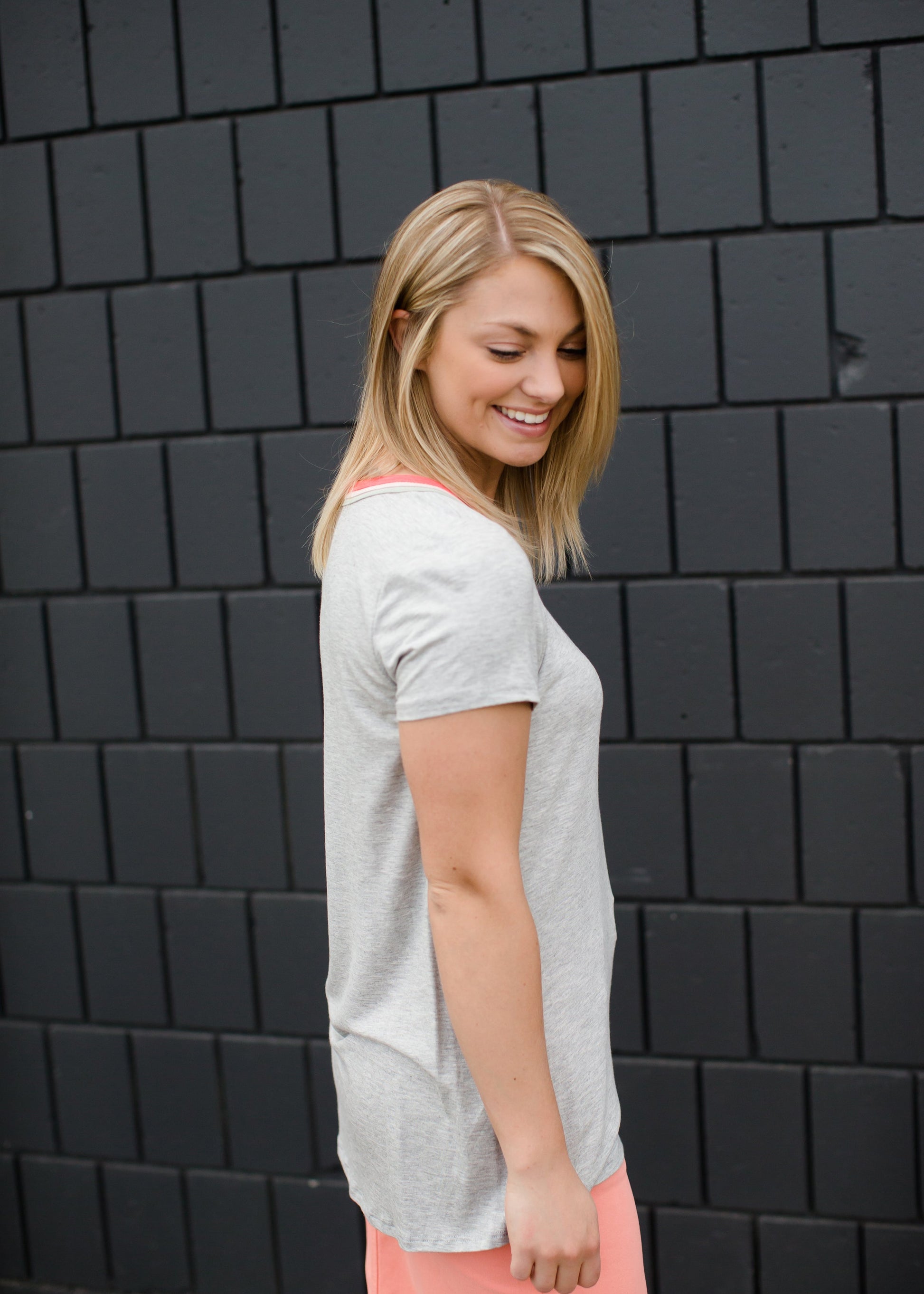 Modest Gray Tee with Coral, Sage, and Blush Neck Detail