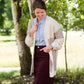 cable knit cream and violet open front sweater