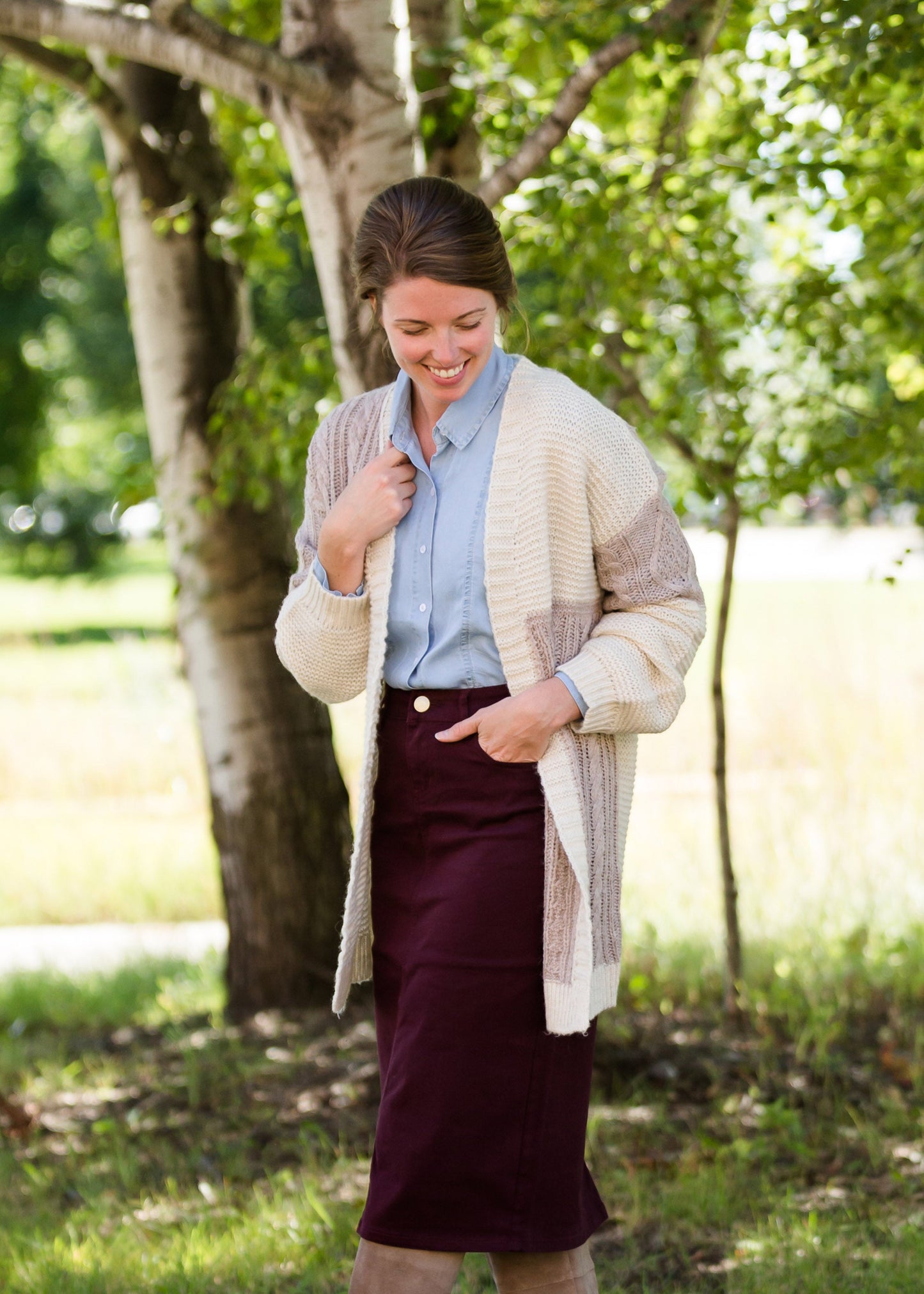 cable knit cream and violet open front sweater