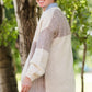 cable knit cream and violet open front sweater