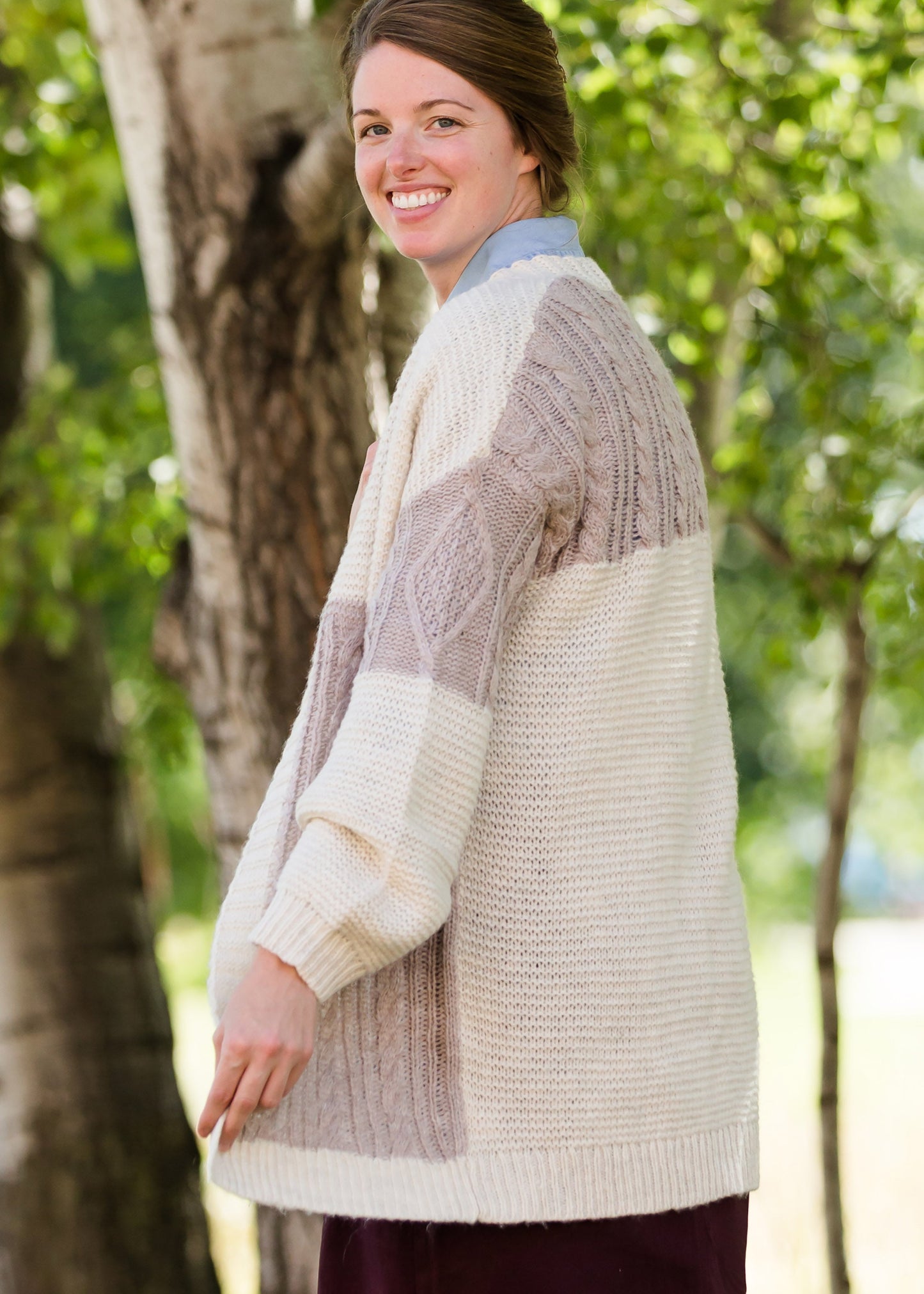 cable knit cream and violet open front sweater