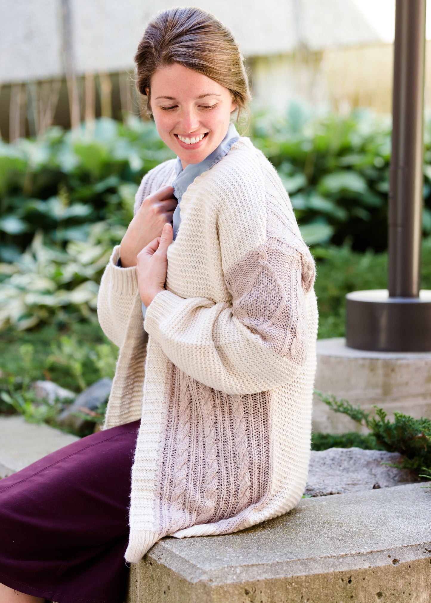 cable knit cream and violet open front sweater