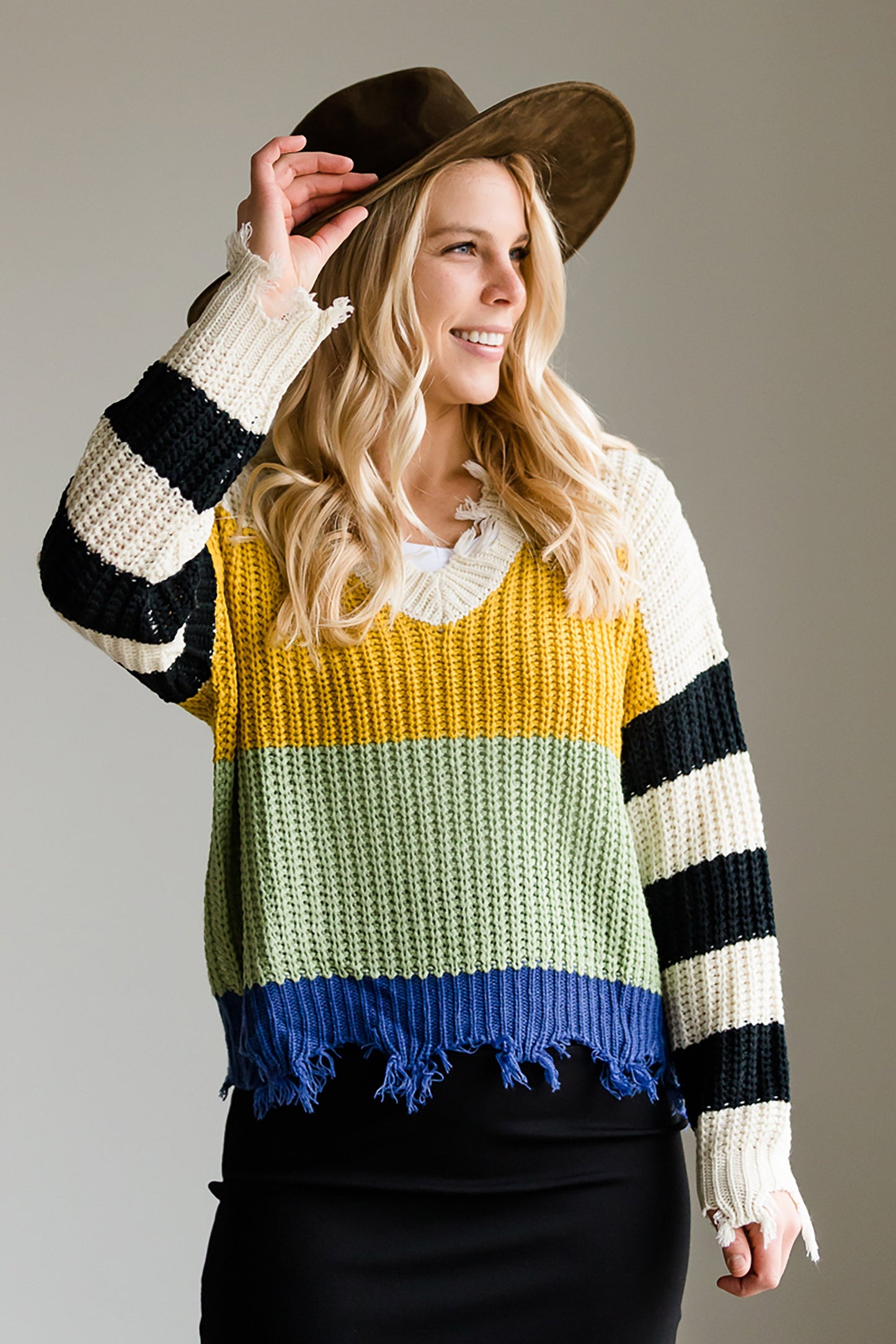 Color Block Slouch Raw Hem Sweater - FINAL SALE Tops