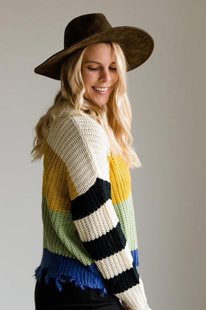 Color Block Slouch Raw Hem Sweater - FINAL SALE Tops