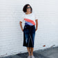 color block blue and orange striped top