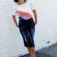 color block blue and orange striped top