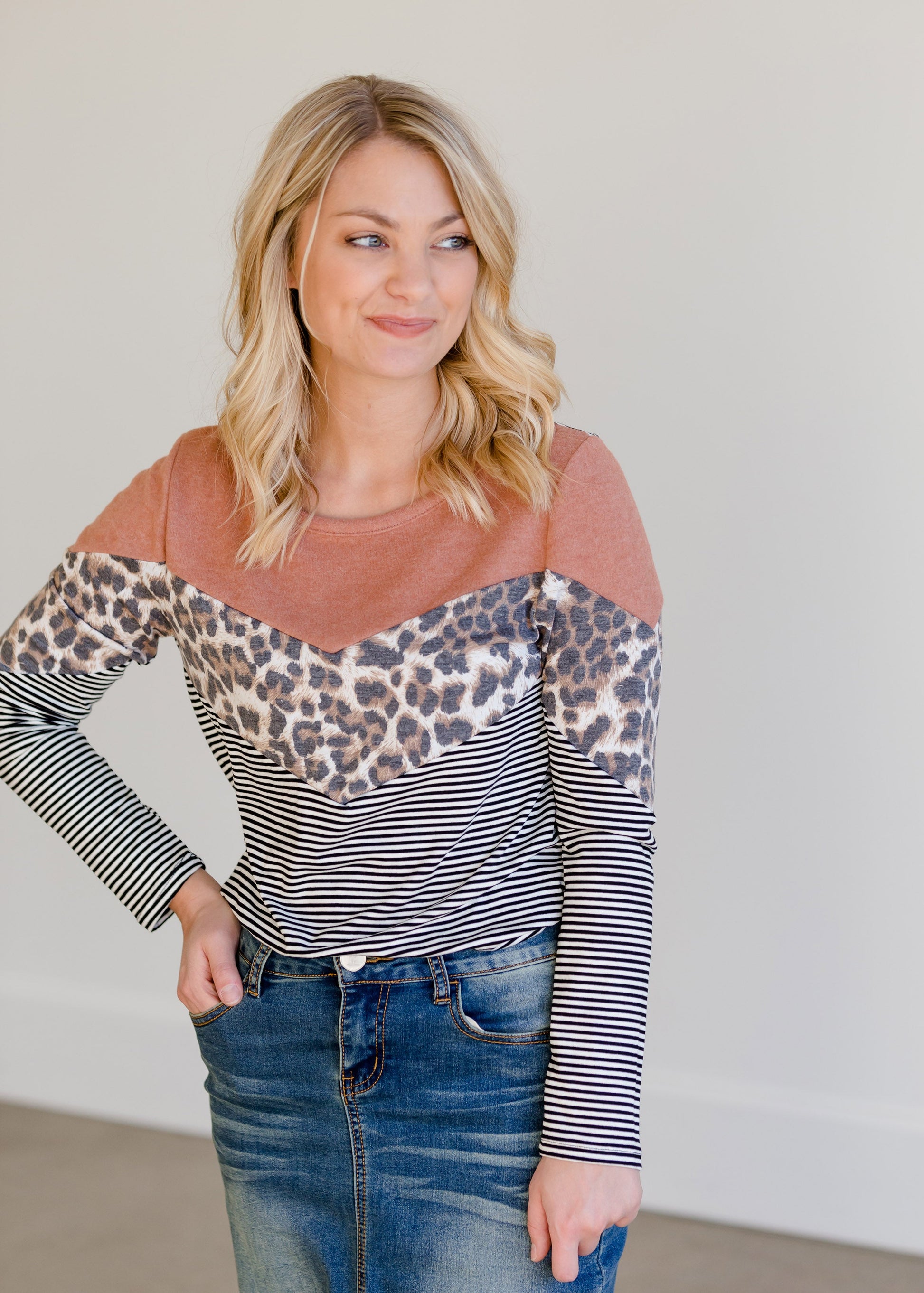 Colorblock Crewneck Animal Print Knit Top - FINAL SALE Tops