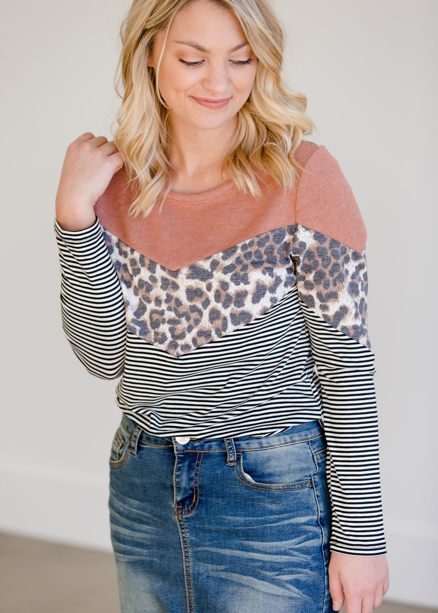 Colorblock Crewneck Animal Print Knit Top - FINAL SALE Tops
