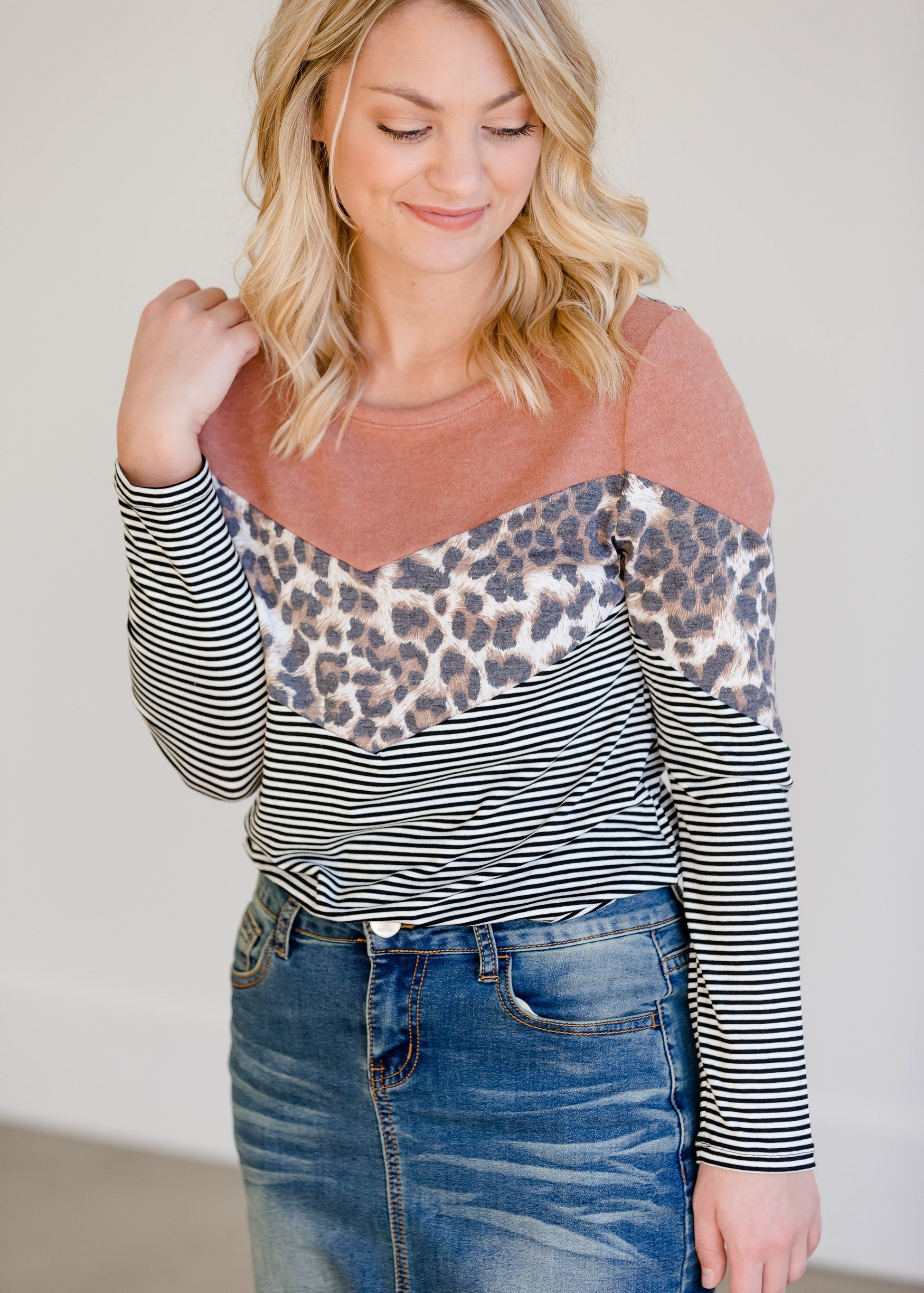 Colorblock Crewneck Animal Print Knit Top - FINAL SALE Tops