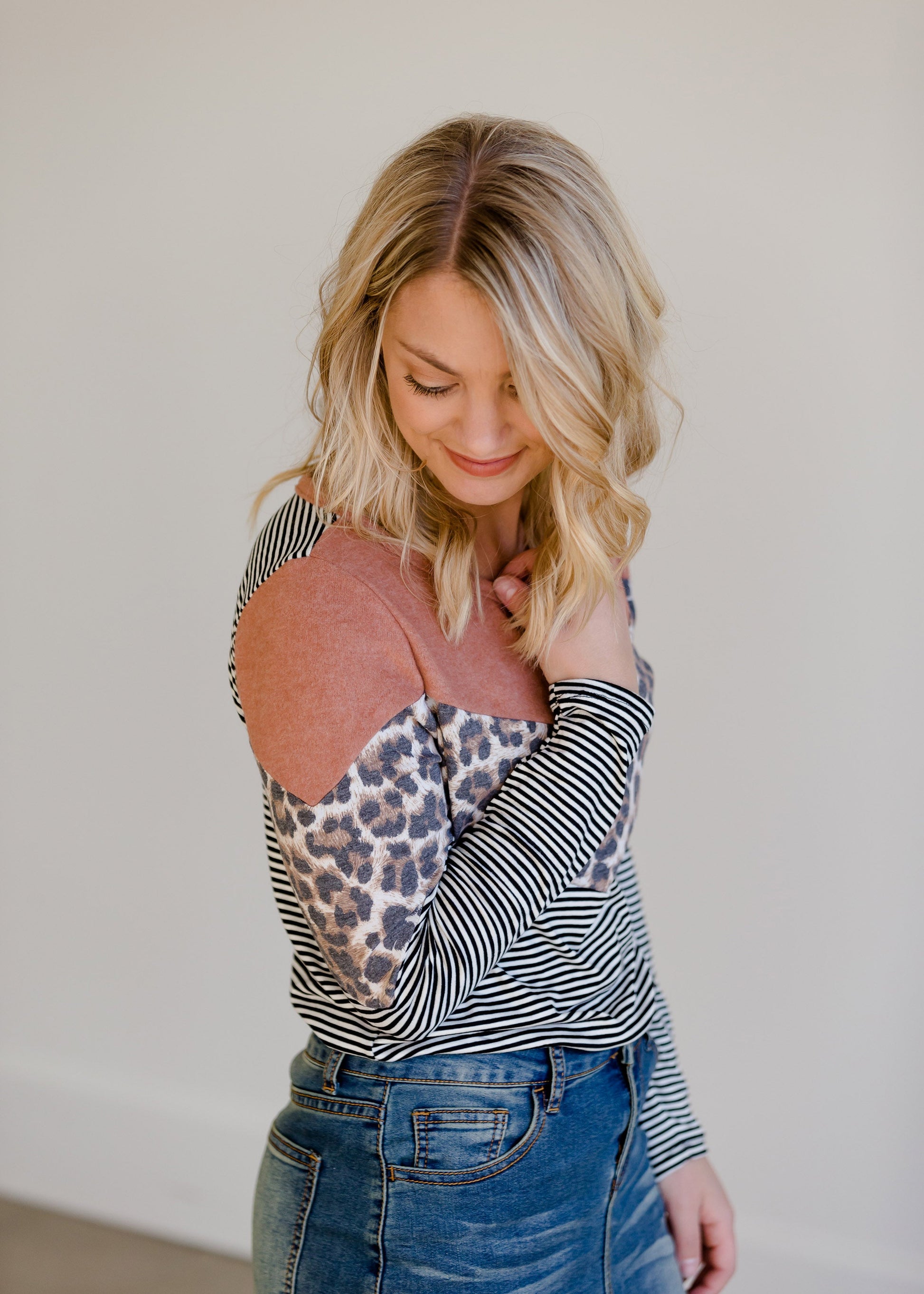 Colorblock Crewneck Animal Print Knit Top - FINAL SALE Tops