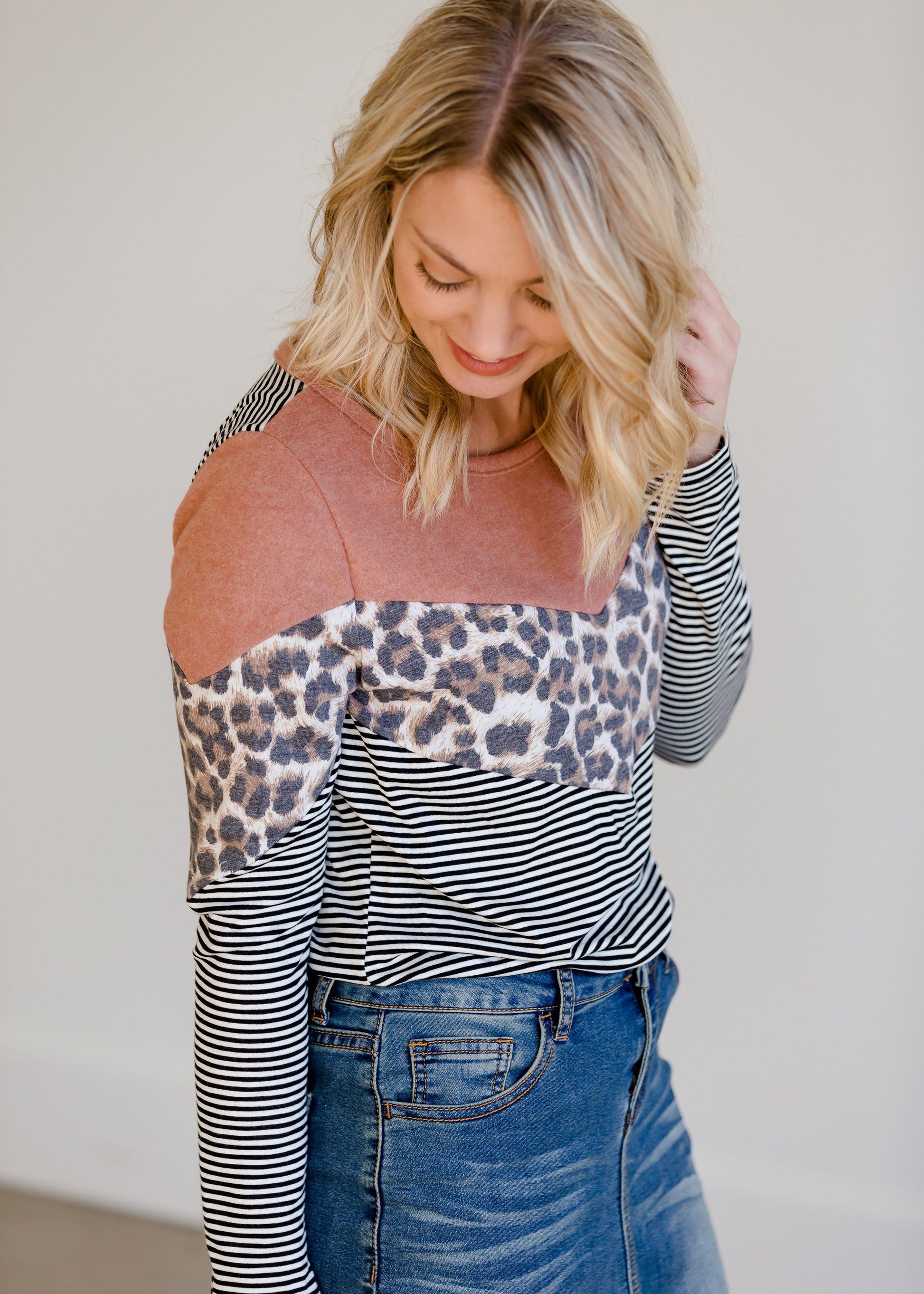 Colorblock Crewneck Animal Print Knit Top - FINAL SALE Tops