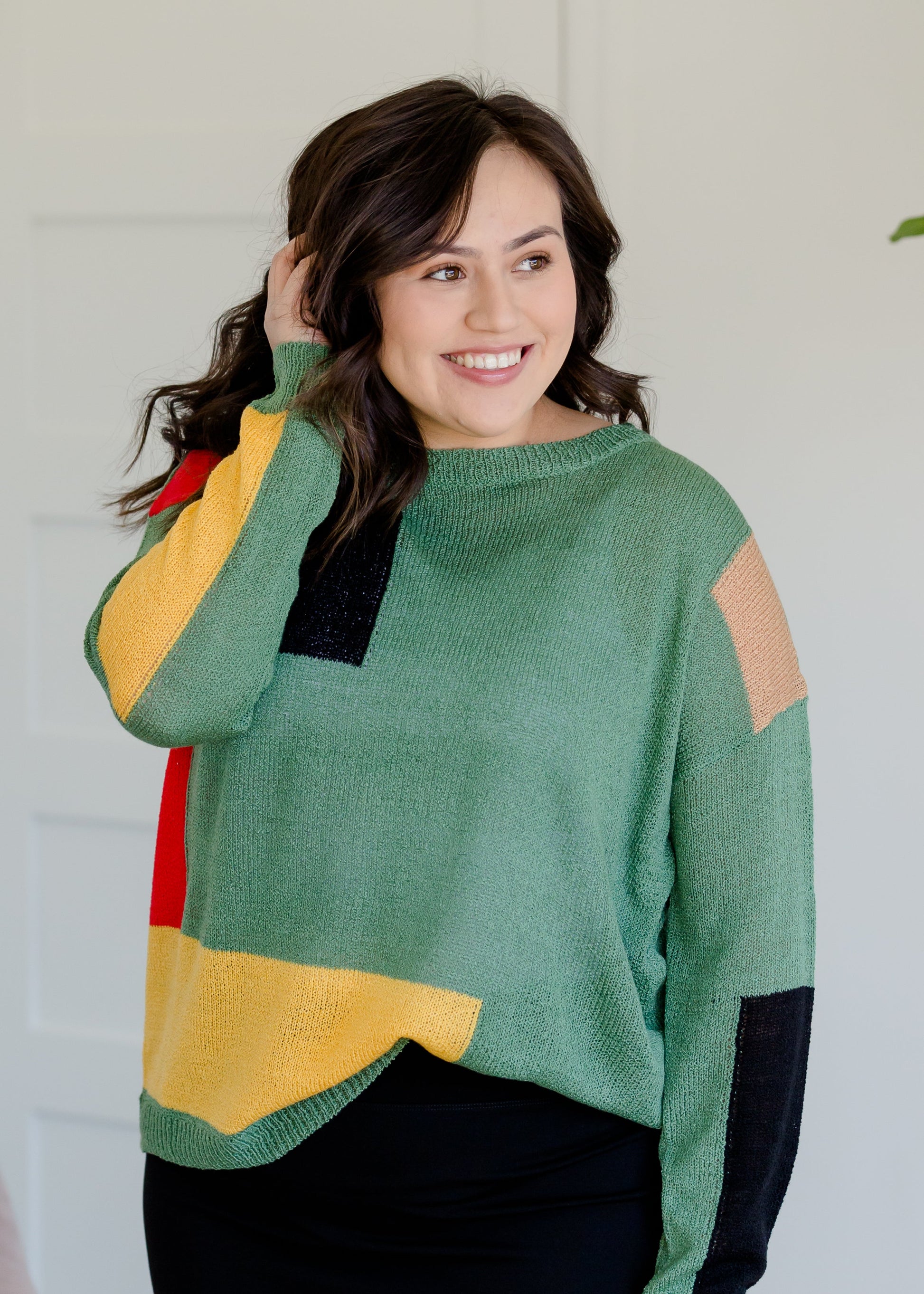 Colorblock Green Patch Sweater - FINAL SALE Tops