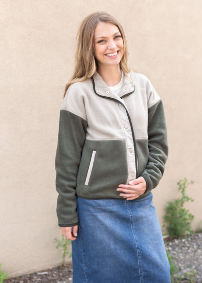 Colorblock Khaki + Olive Button Up Jacket Tops