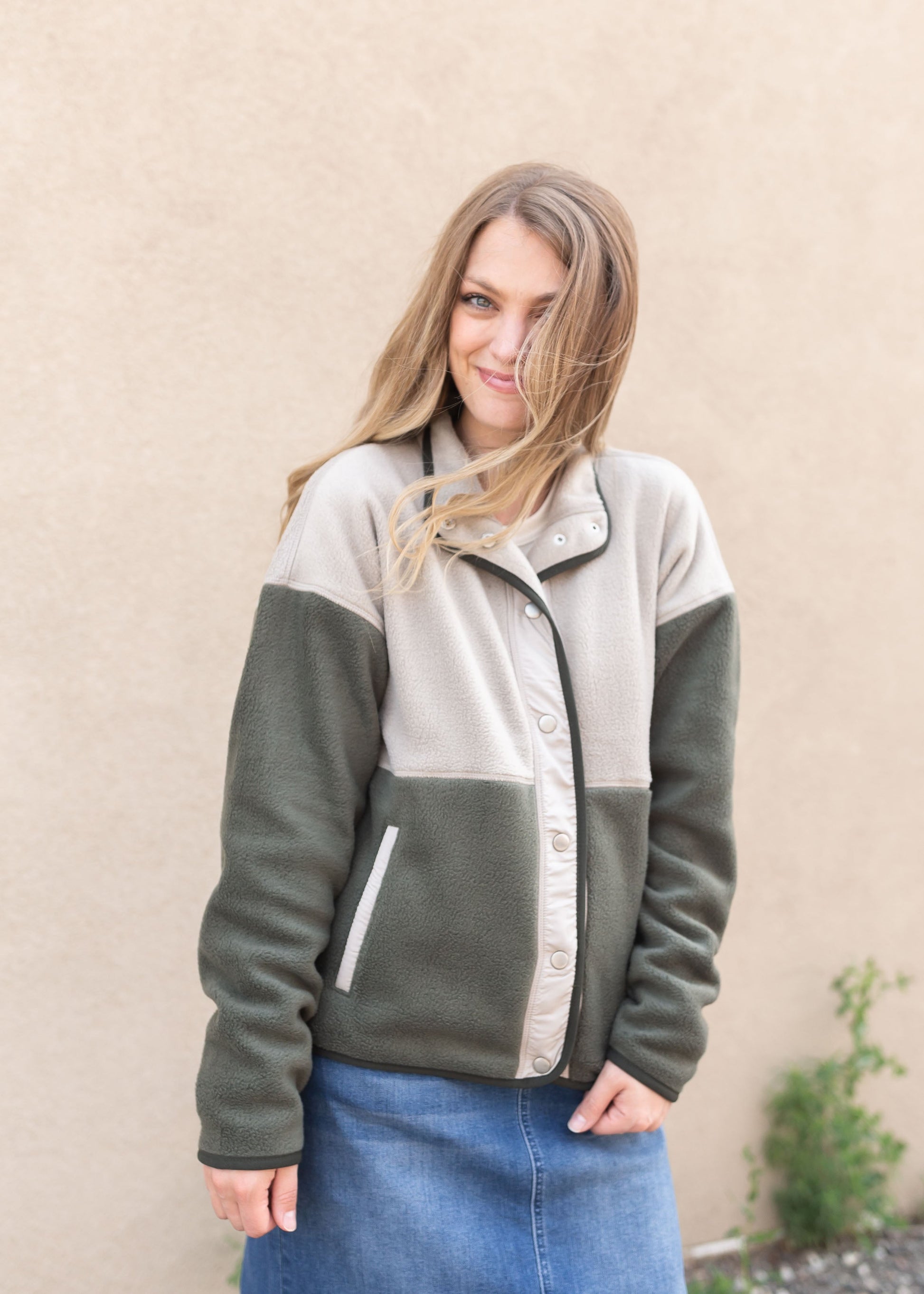 Colorblock Khaki + Olive Button Up Jacket Tops