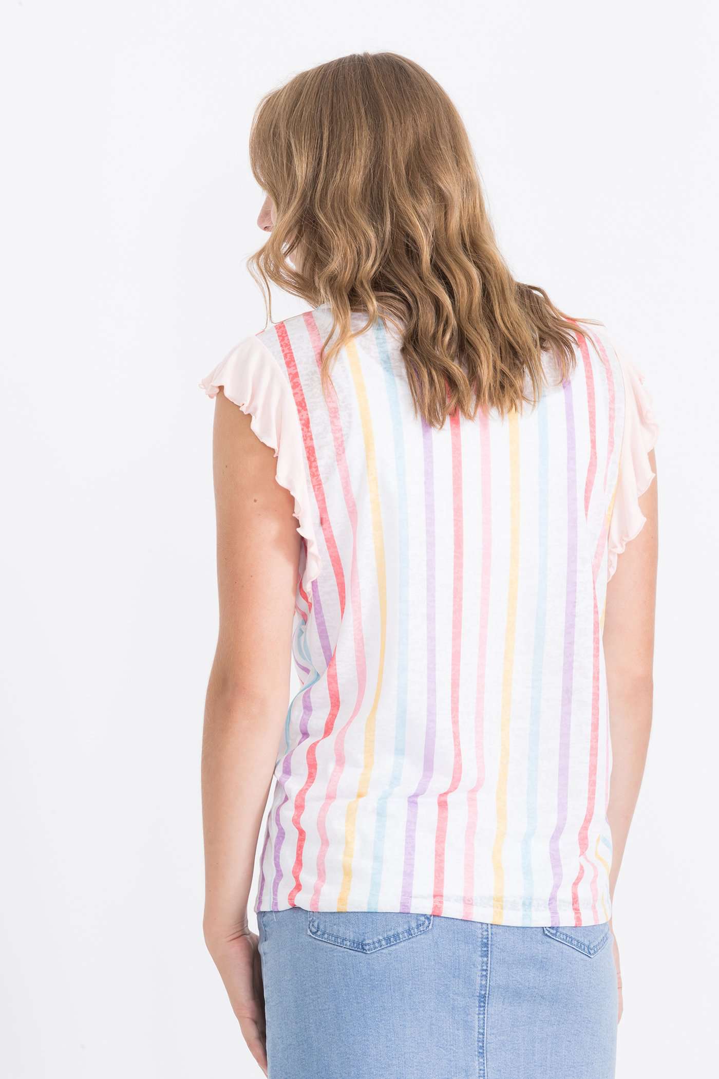 modest vertical rainbow striped ruffle layering tee