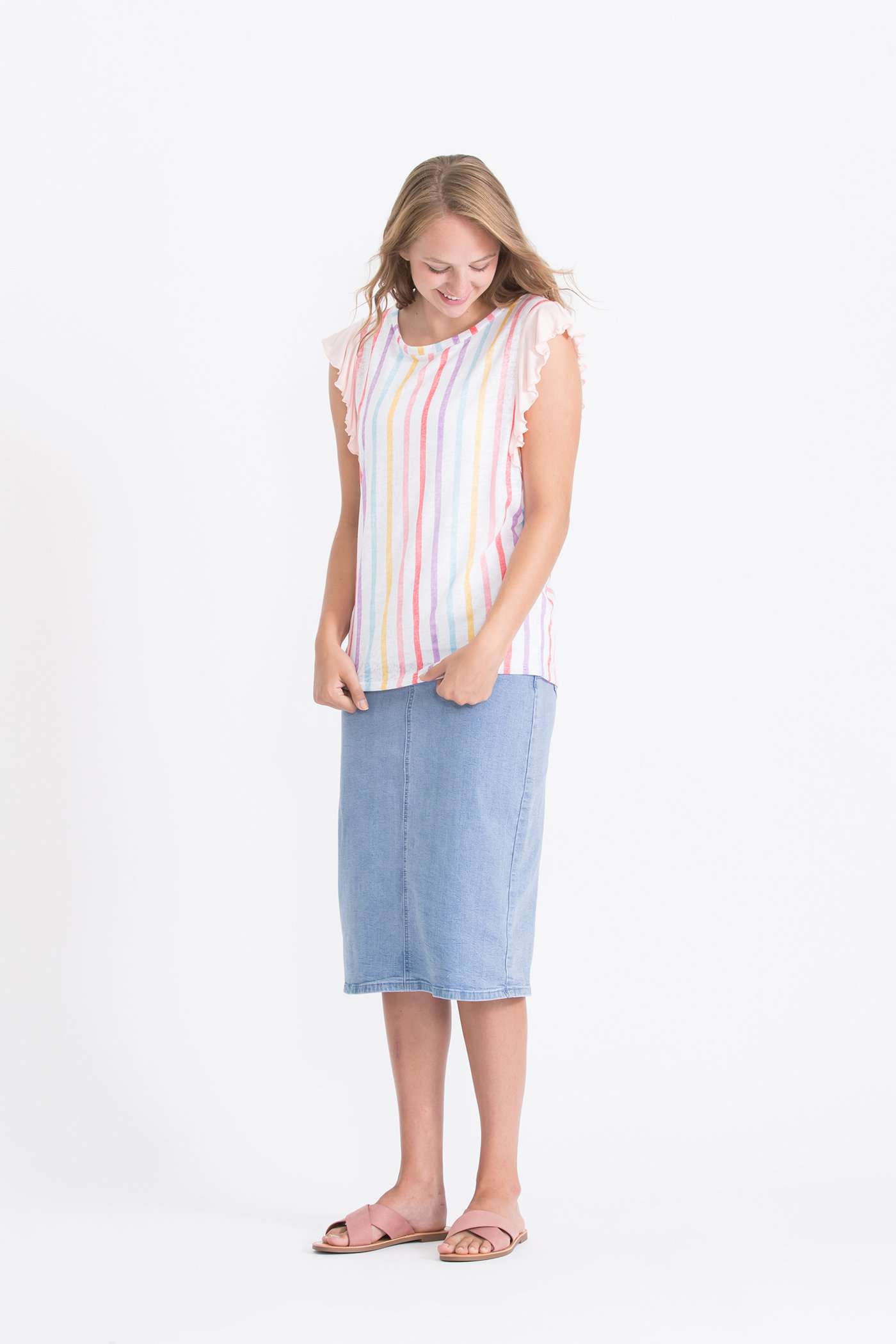 modest vertical rainbow striped ruffle layering tee