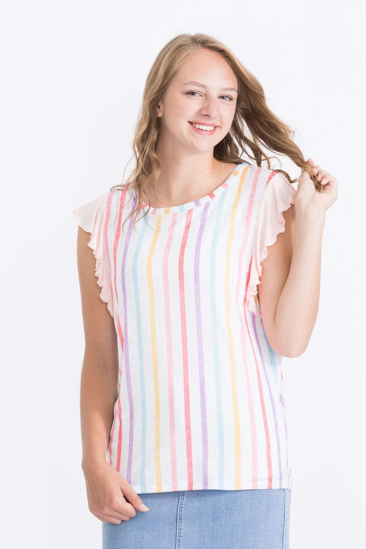 modest vertical rainbow striped ruffle layering tee