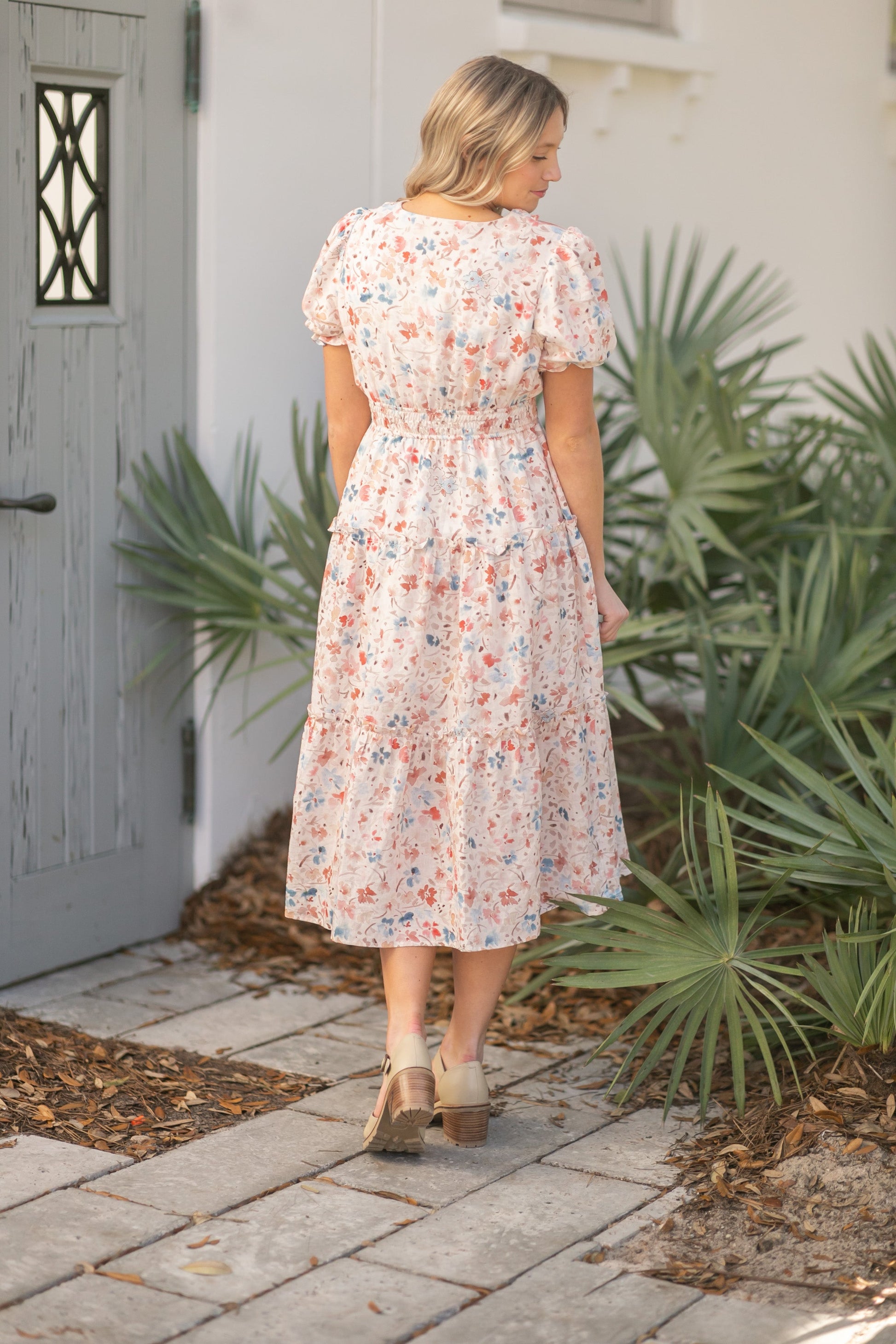 Coming Soon! Amanda Floral Ruched V-Neck Tiered Midi Dress Dresses