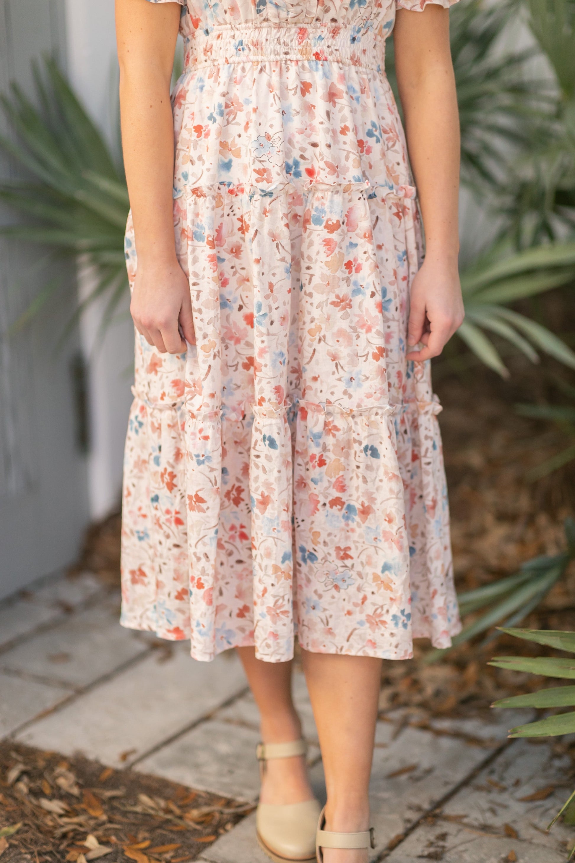 Coming Soon! Amanda Floral Ruched V-Neck Tiered Midi Dress Dresses