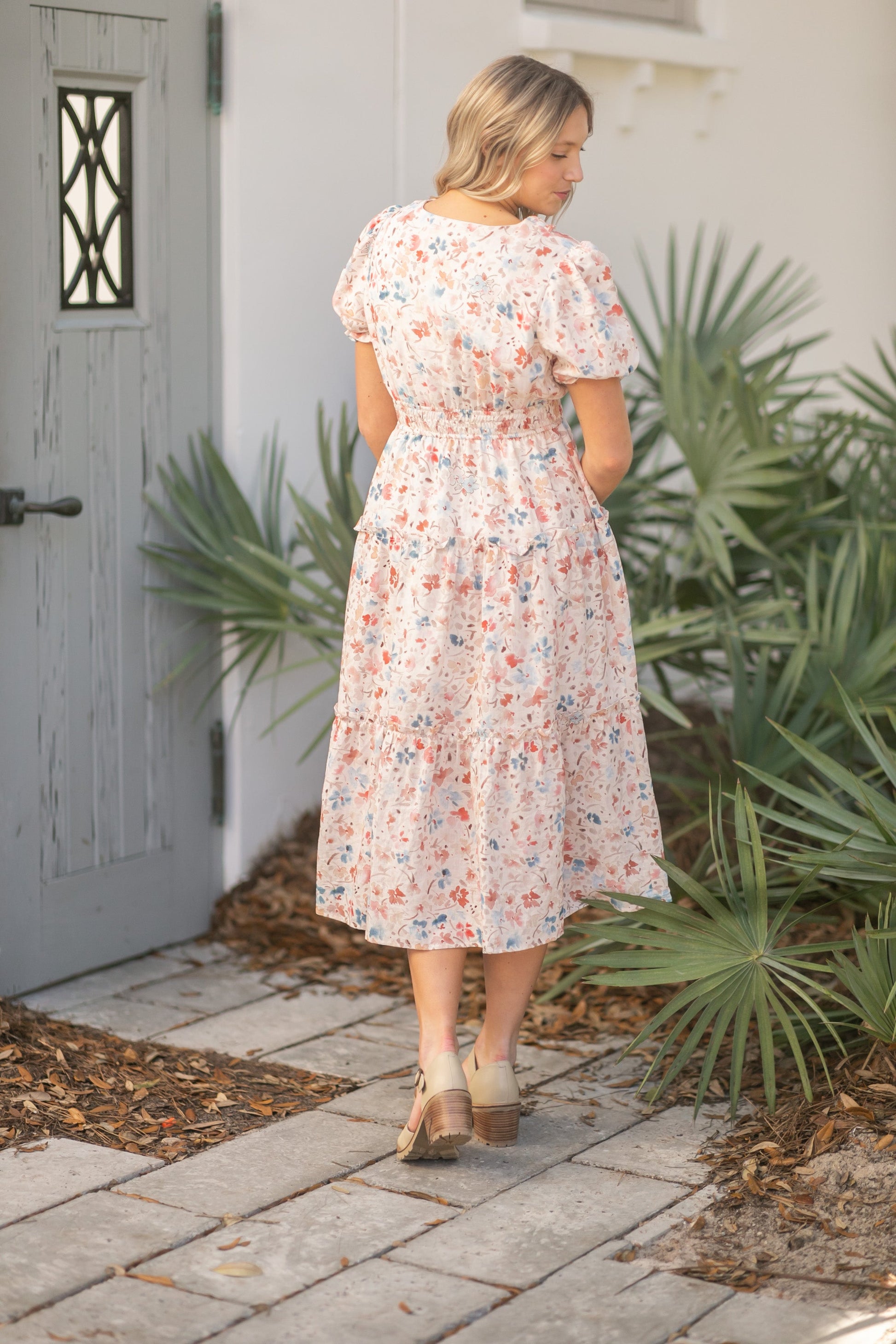Coming Soon! Amanda Floral Ruched V-Neck Tiered Midi Dress Dresses