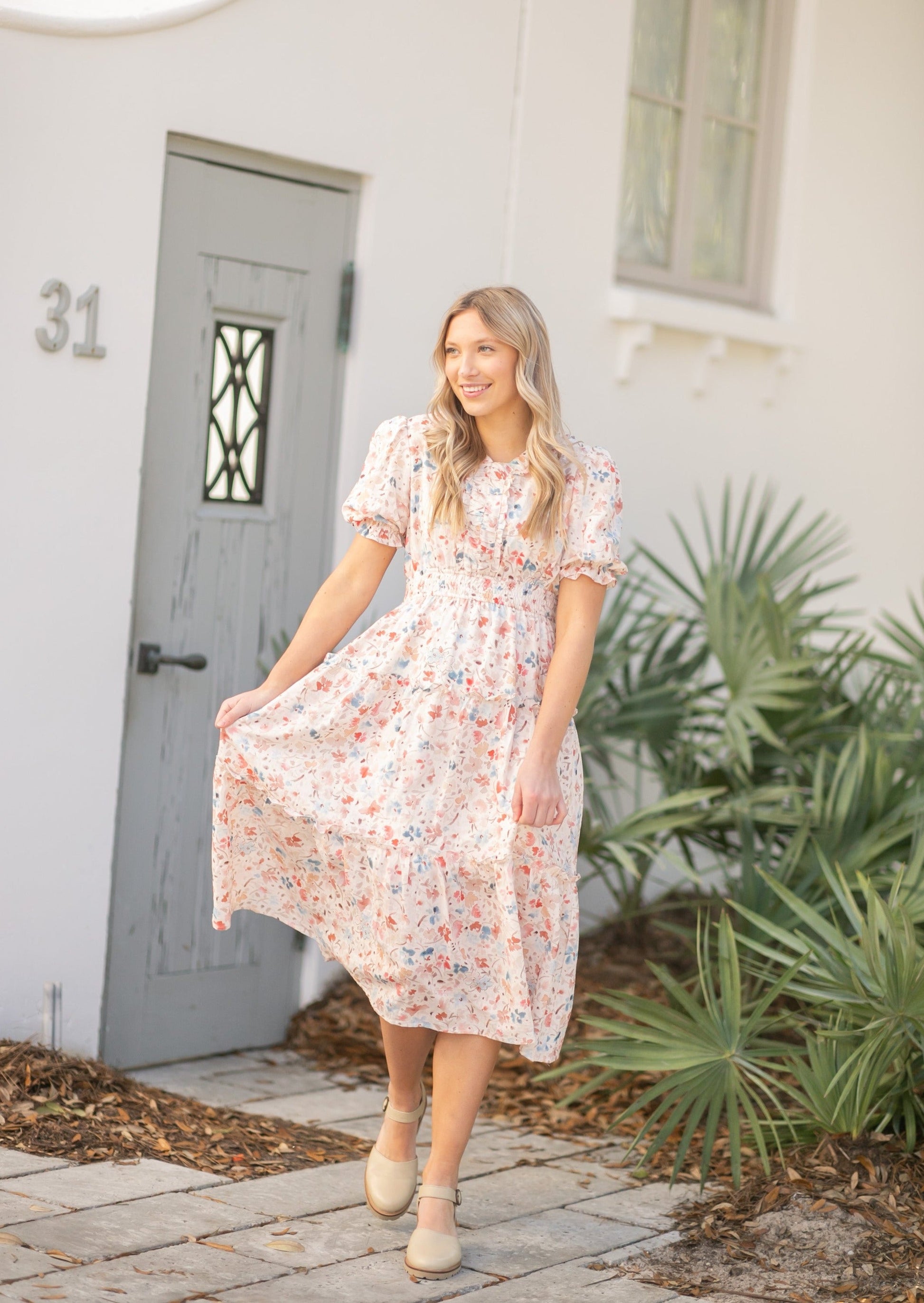 Coming Soon! Amanda Floral Ruched V-Neck Tiered Midi Dress Dresses