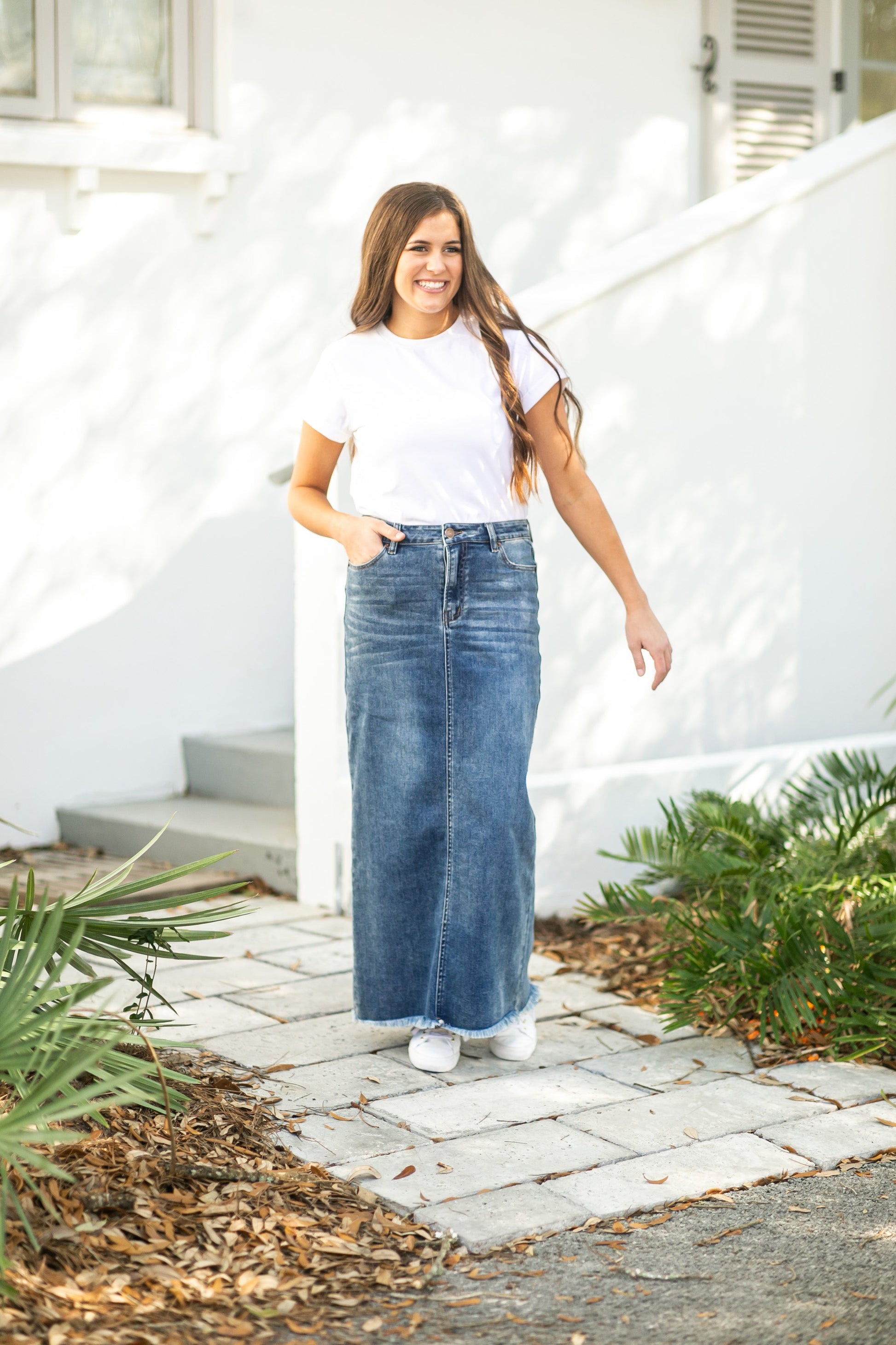 Dakotah Raw Hem Long Denim Skirt – Inherit