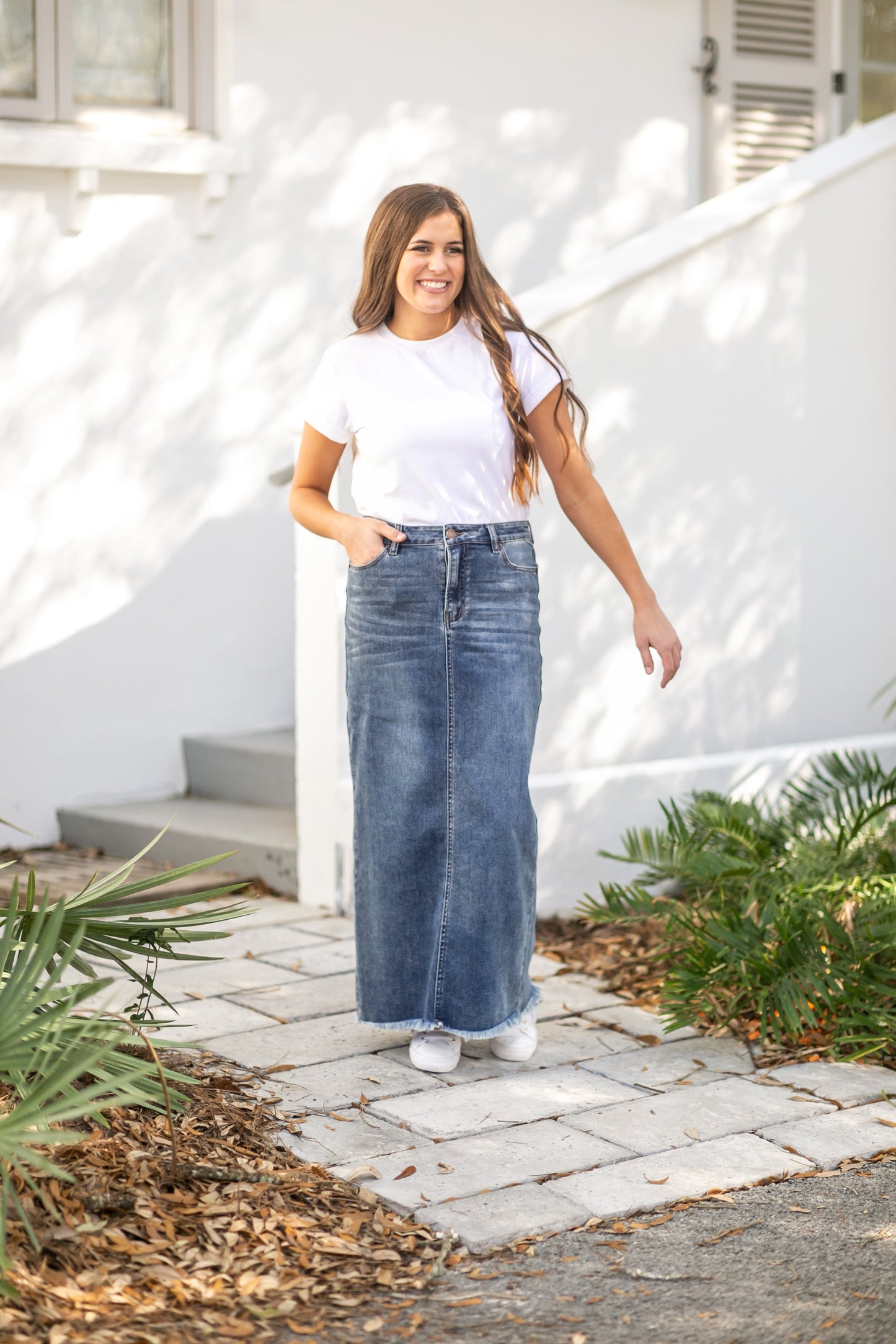 Dakotah Raw Hem Long Denim Skirt – Inherit Co.