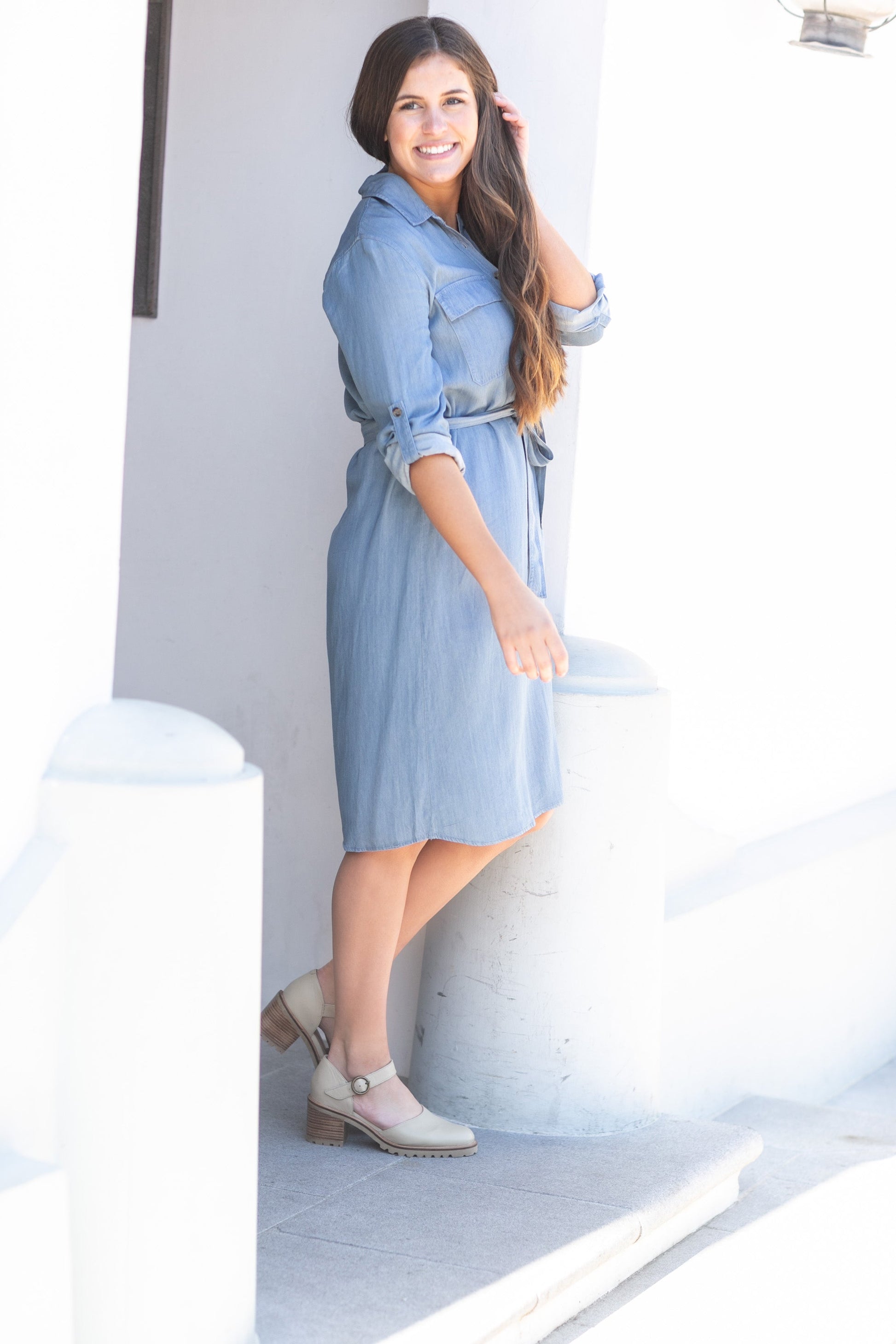 Kimberly Chambray Belted Midi Shirt Dress Dresses is blue with a belt, and half button bodice.
