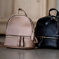 black or taupe small leather backpack purse.