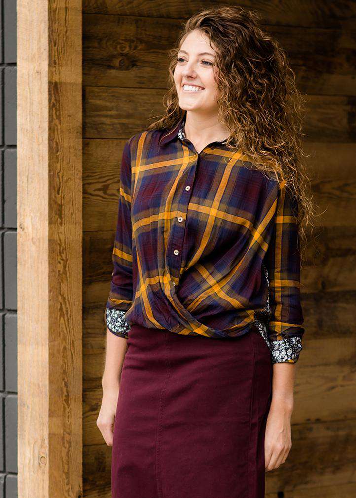Plaid and Floral Contrasting Wrap Plaid Modest Women's Top