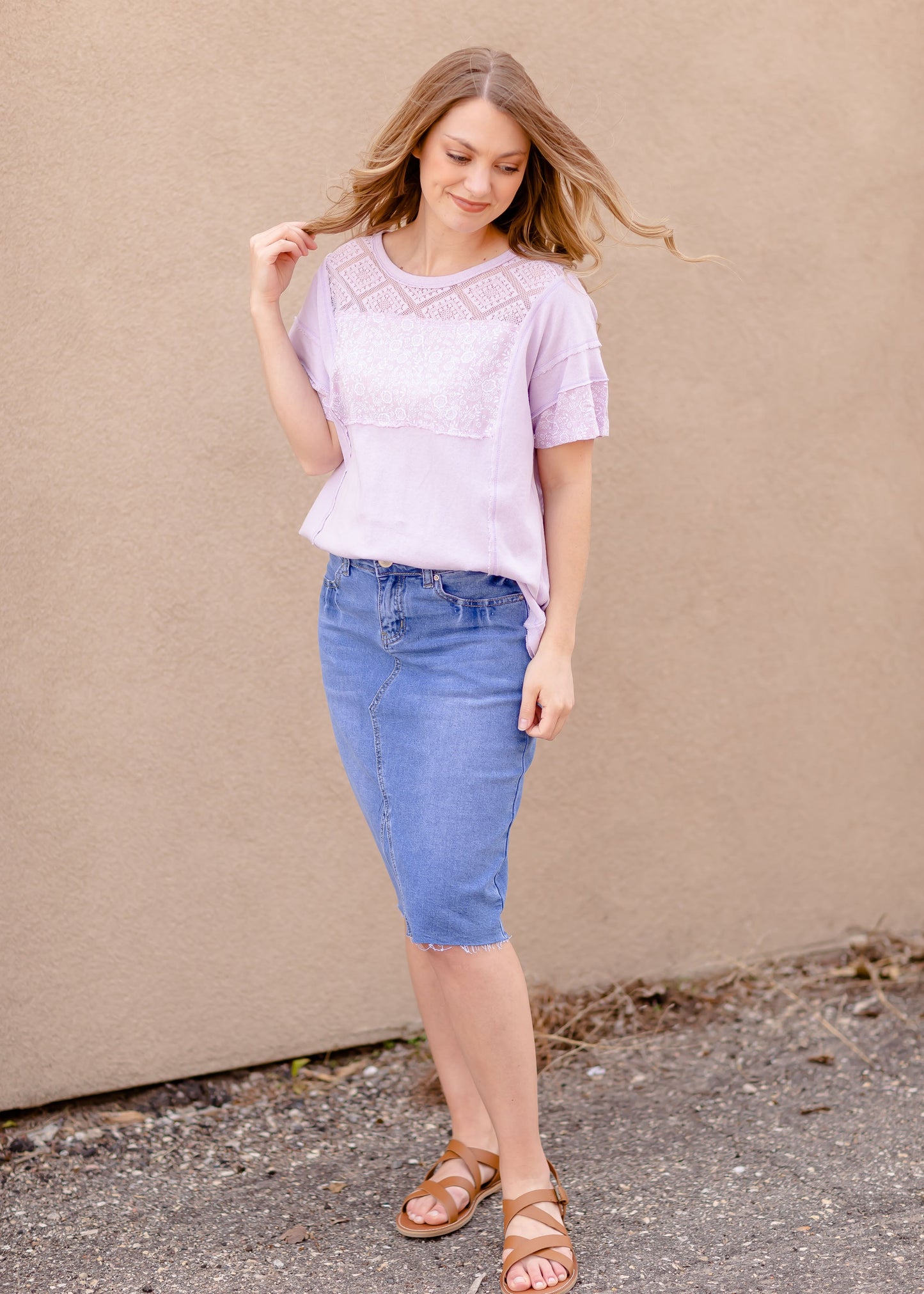 Contrast Lace and Floral Tee Tops Lavender / S