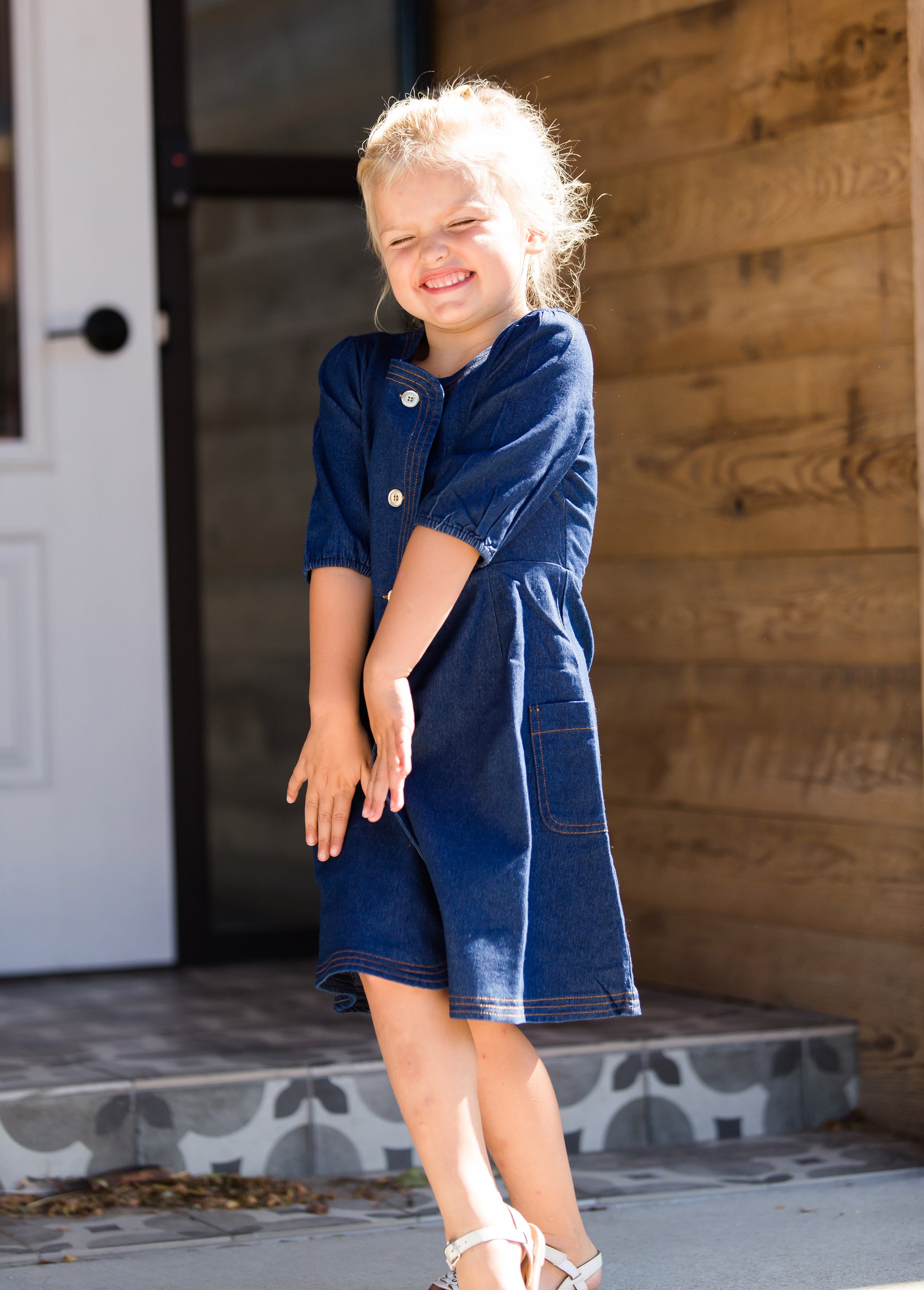 Contrast Stitch Girls Denim Midi Dress Inherit Co