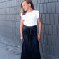 girls dark denim long skirt with adorable back pocket stitching
