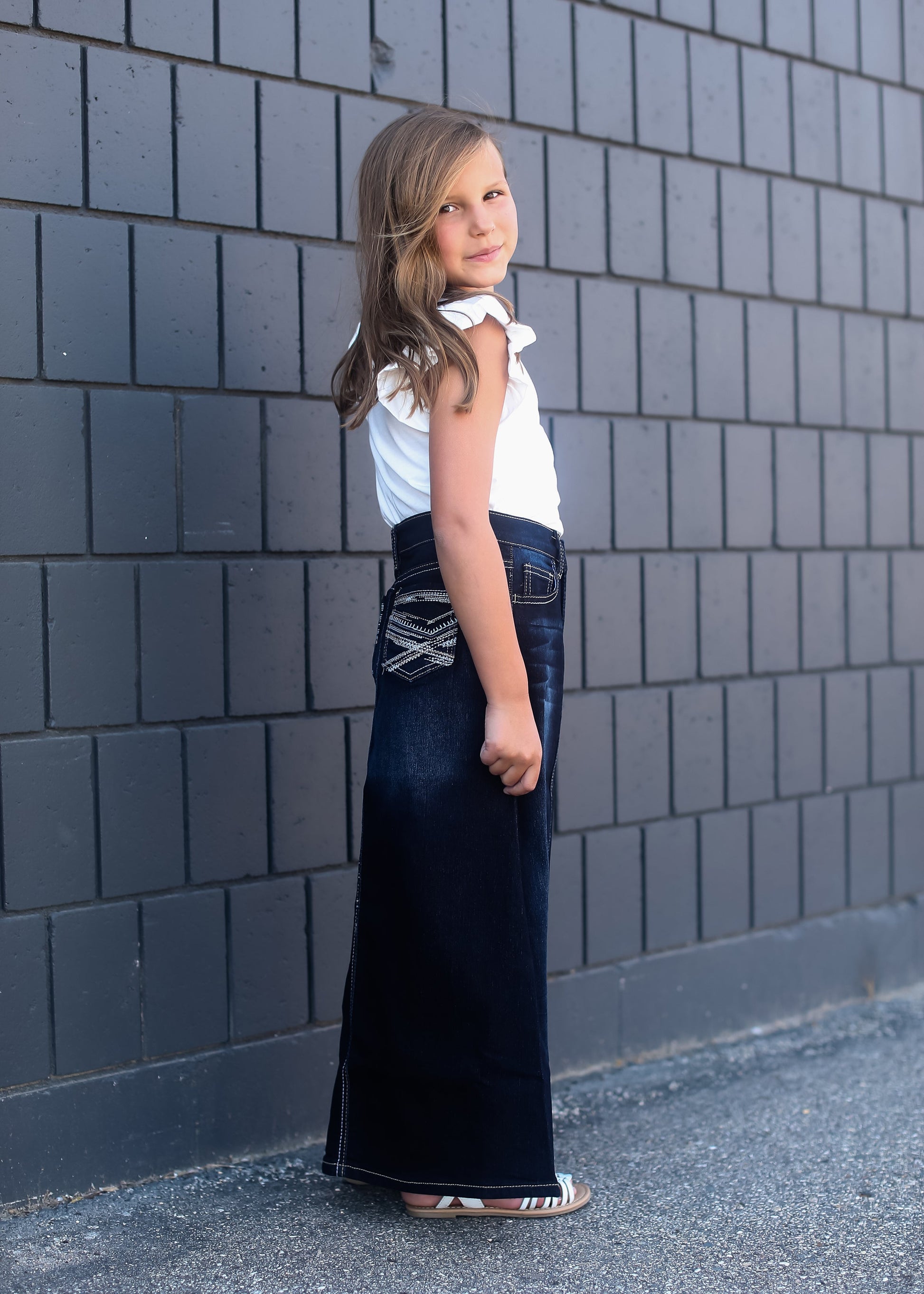 girls dark denim long skirt with adorable back pocket stitching