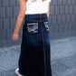 girls dark denim long skirt with adorable back pocket stitching