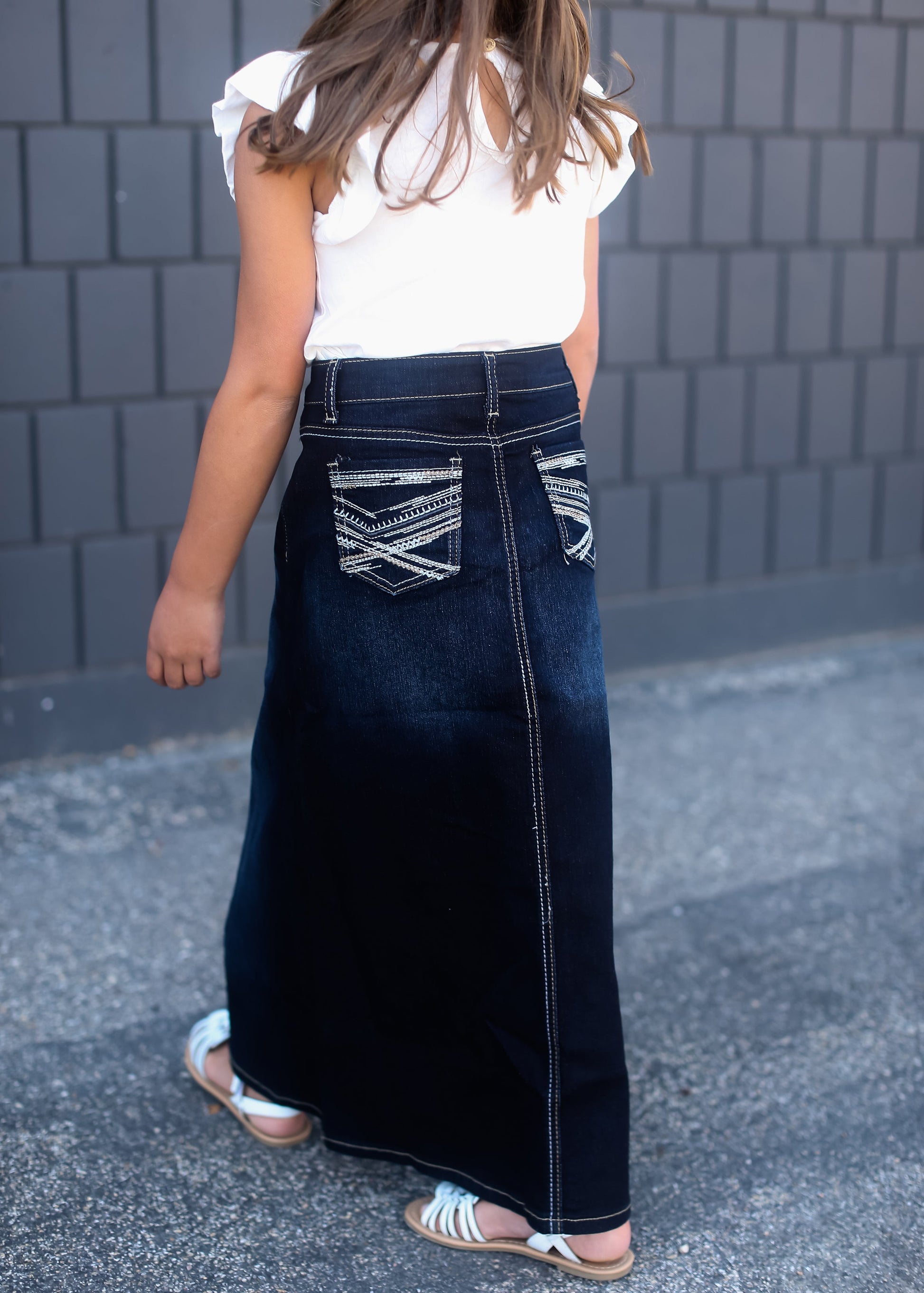 girls dark denim long skirt with adorable back pocket stitching