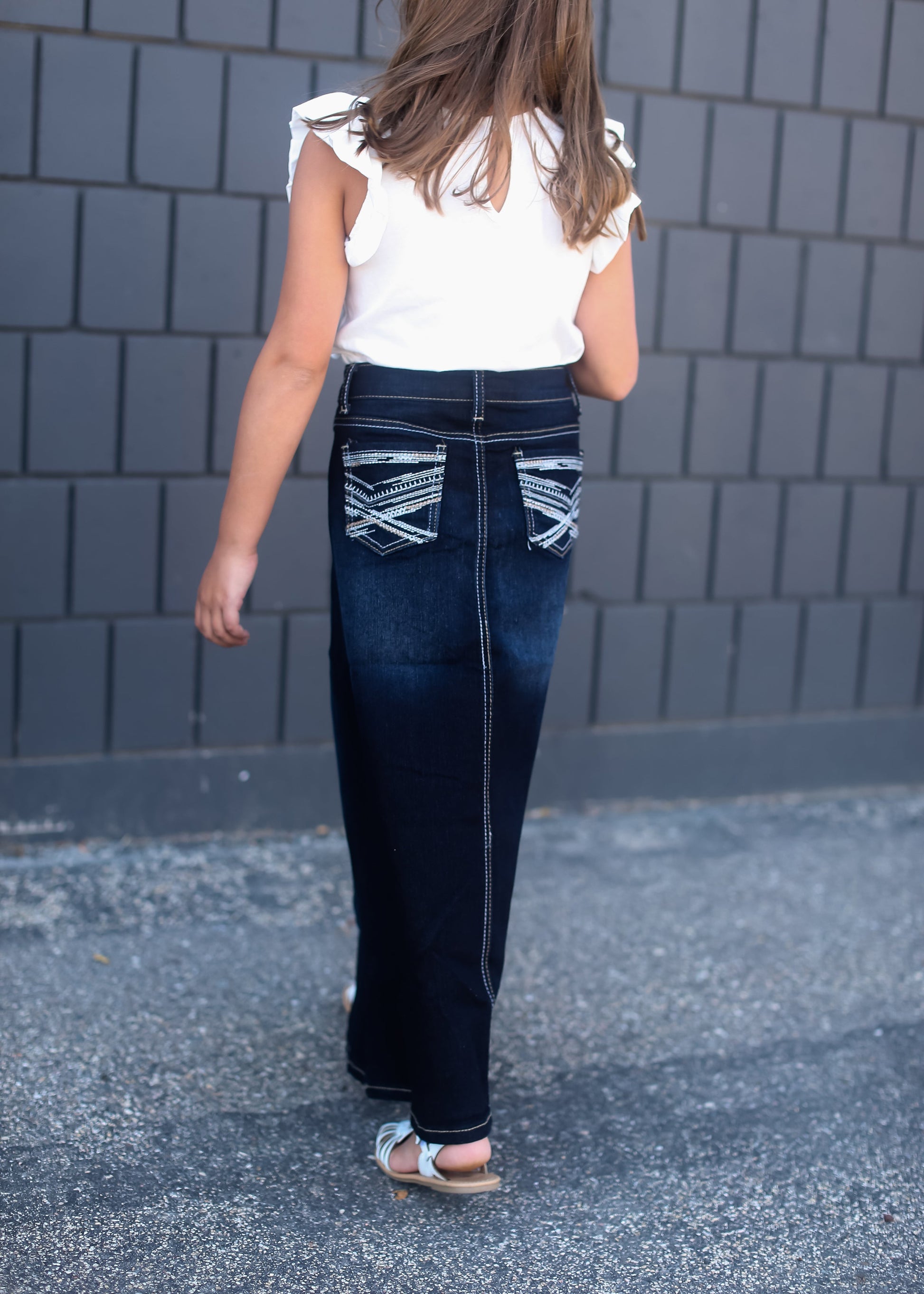 girls dark denim long skirt with adorable back pocket stitching