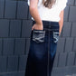 girls dark denim long skirt with adorable back pocket stitching