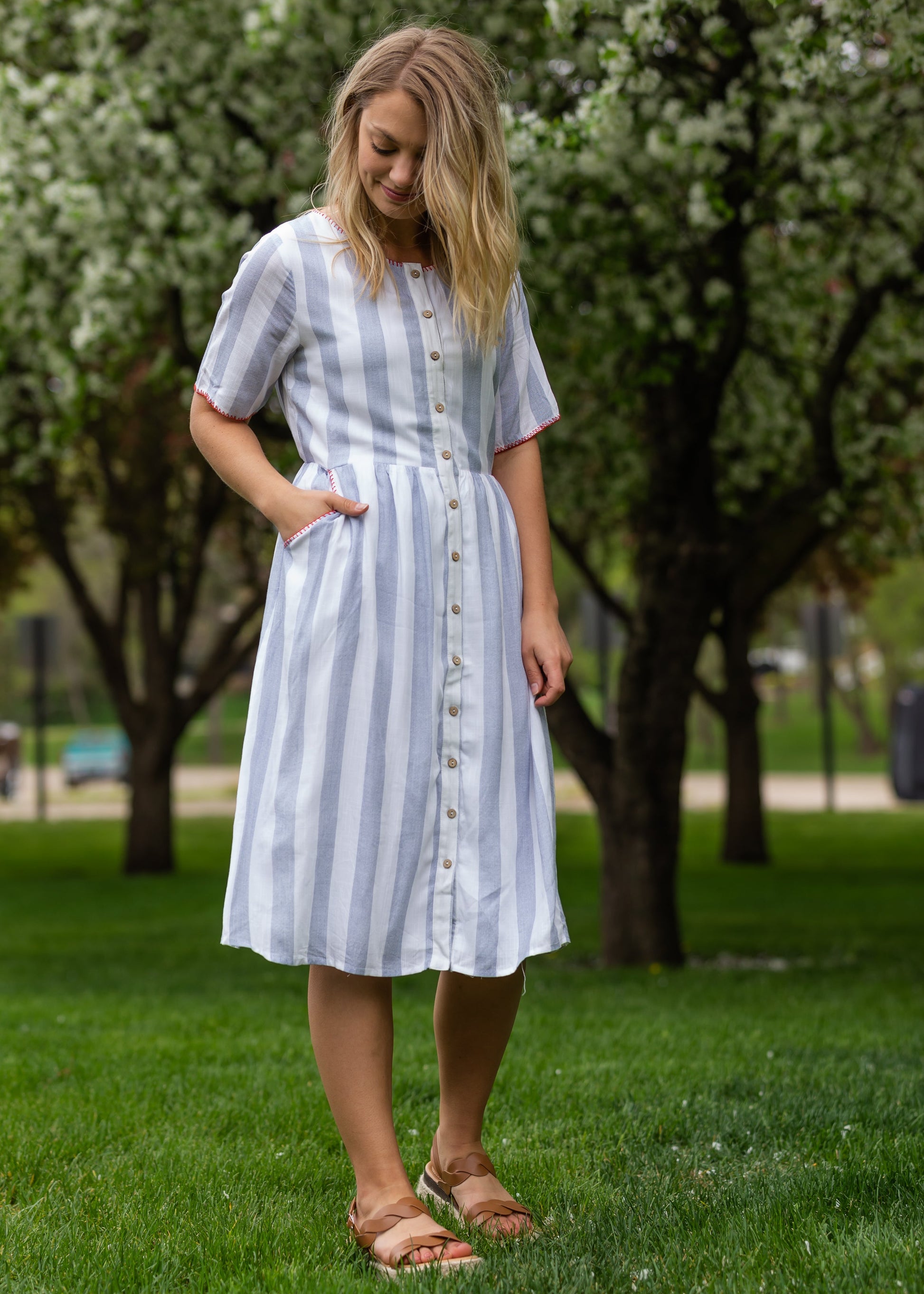 Contrast Stitched Striped Midi Dress - Final Sale Dresses