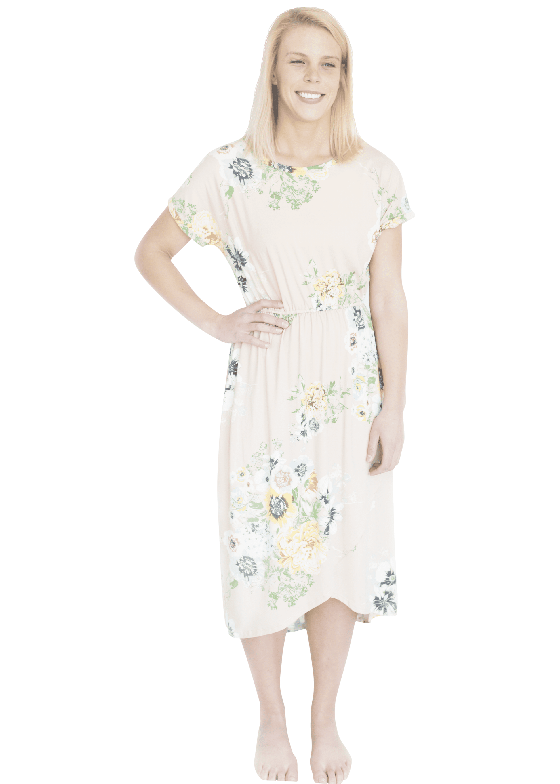midi length floral dress with elastic waist that comes in blush, mint or navy florals.