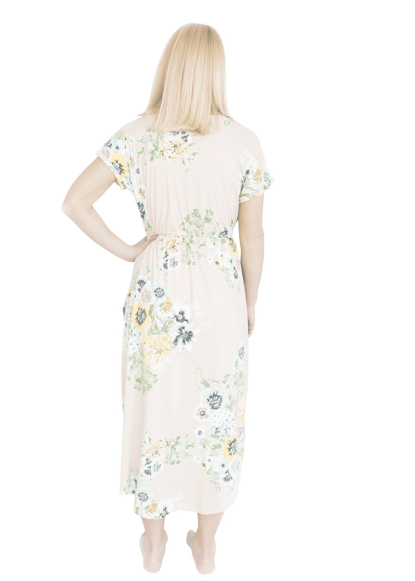 midi length floral dress with elastic waist that comes in blush, mint or navy florals.