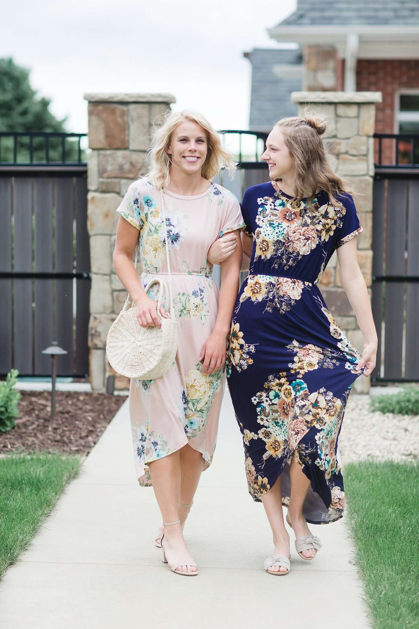 midi length floral dress with elastic waist that comes in blush, mint or navy florals.