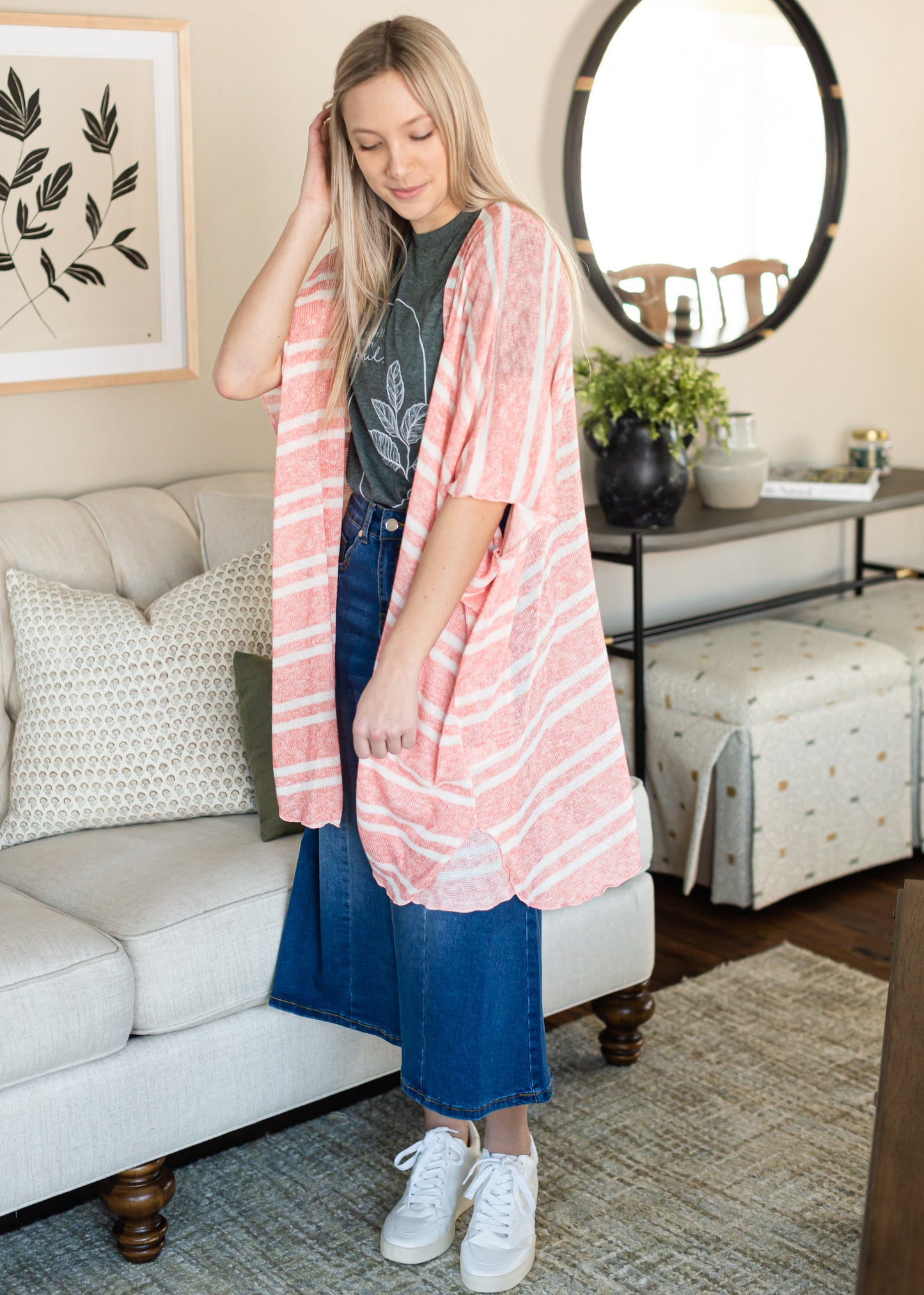 Coral and White Lightweight Striped Cardigan - FINAL SALE Tops
